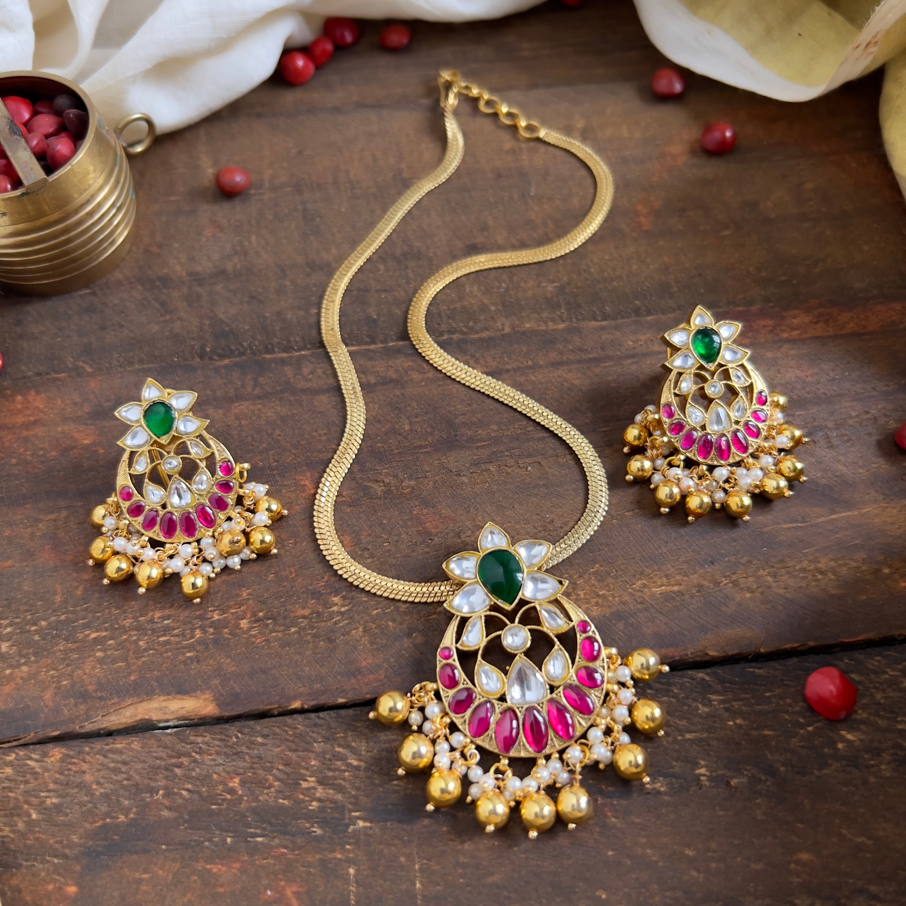 Gold Plated Navarathna Lotus Jadau Kundan Pendants Chain