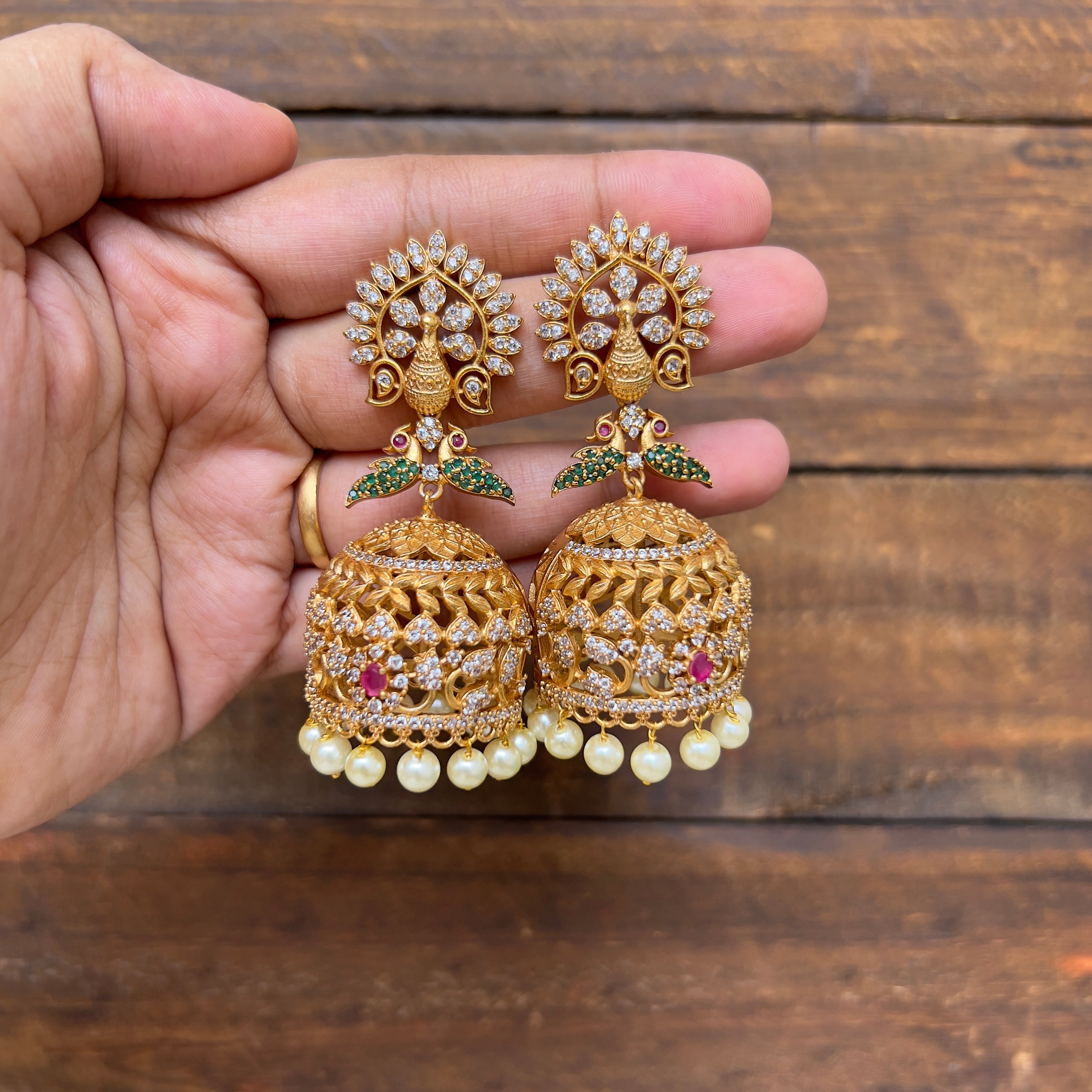 Matte Finish Peacock AD Bridal Jhumkas