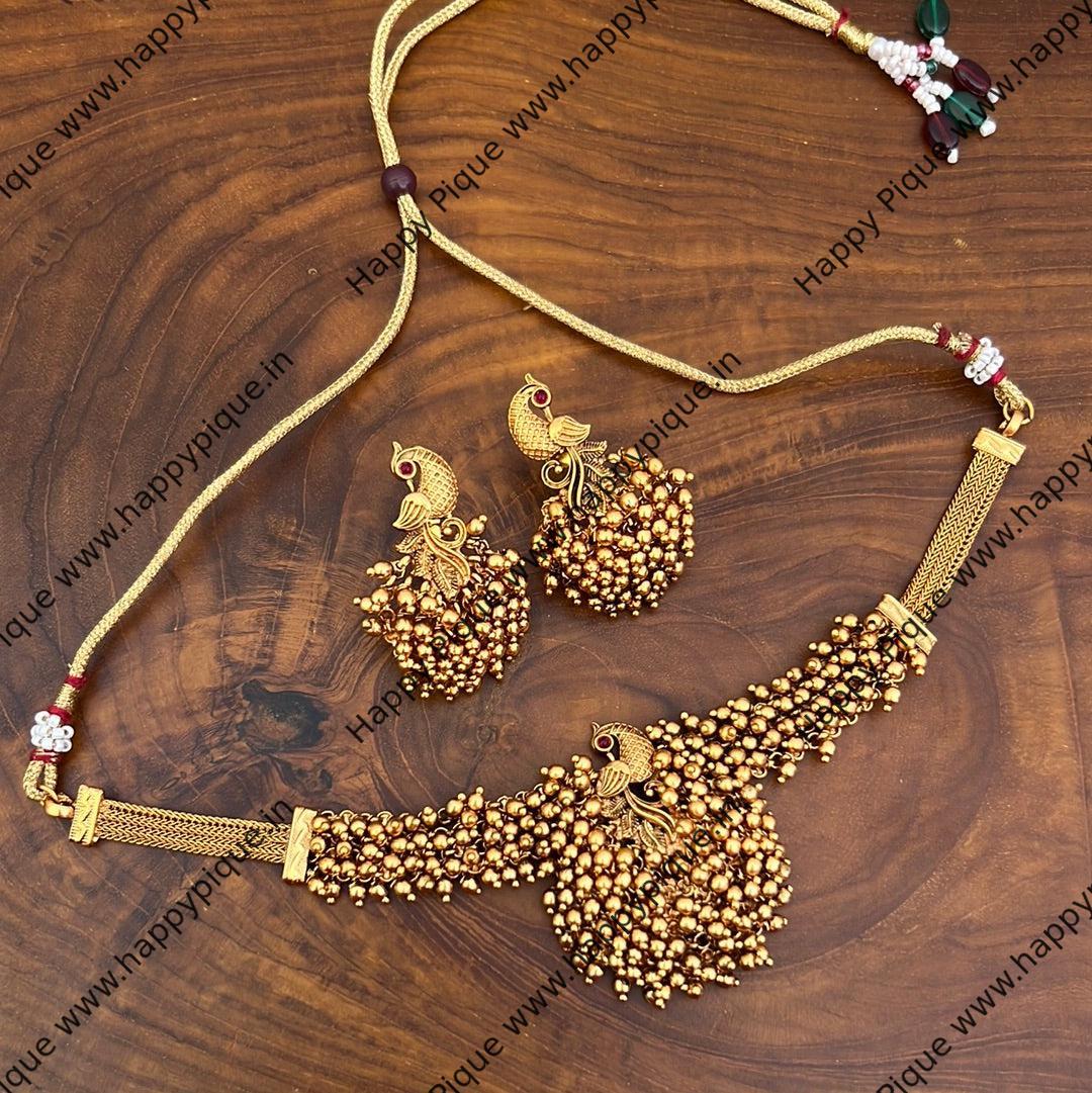 Premium Gold Bunch Beads Peacock Choker Necklace Set For Women - Latest Design South Indian Wedding Jewellery