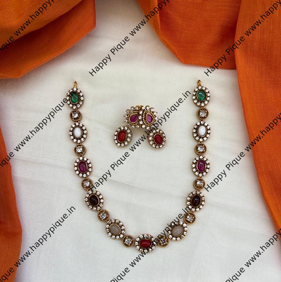 Single Line Kids Friendly AD Navarathna Necklace Set - Hotselling Premium Light weight Jewellery