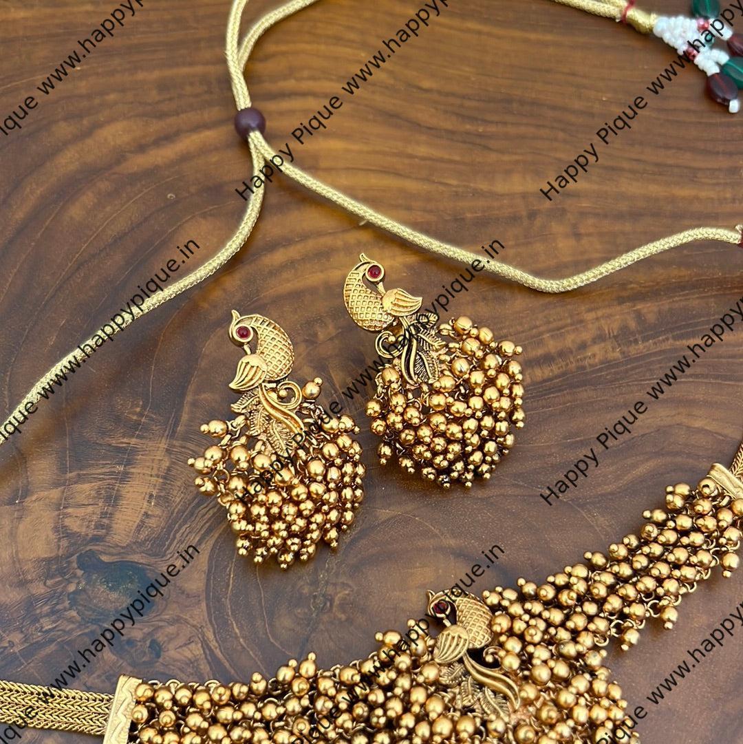 Premium Gold Bunch Beads Peacock Choker Necklace Set For Women - Latest Design South Indian Wedding Jewellery