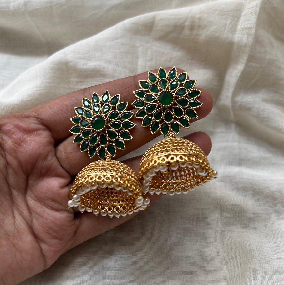 Light Weight Flower Stud AD Jhumkas - Green