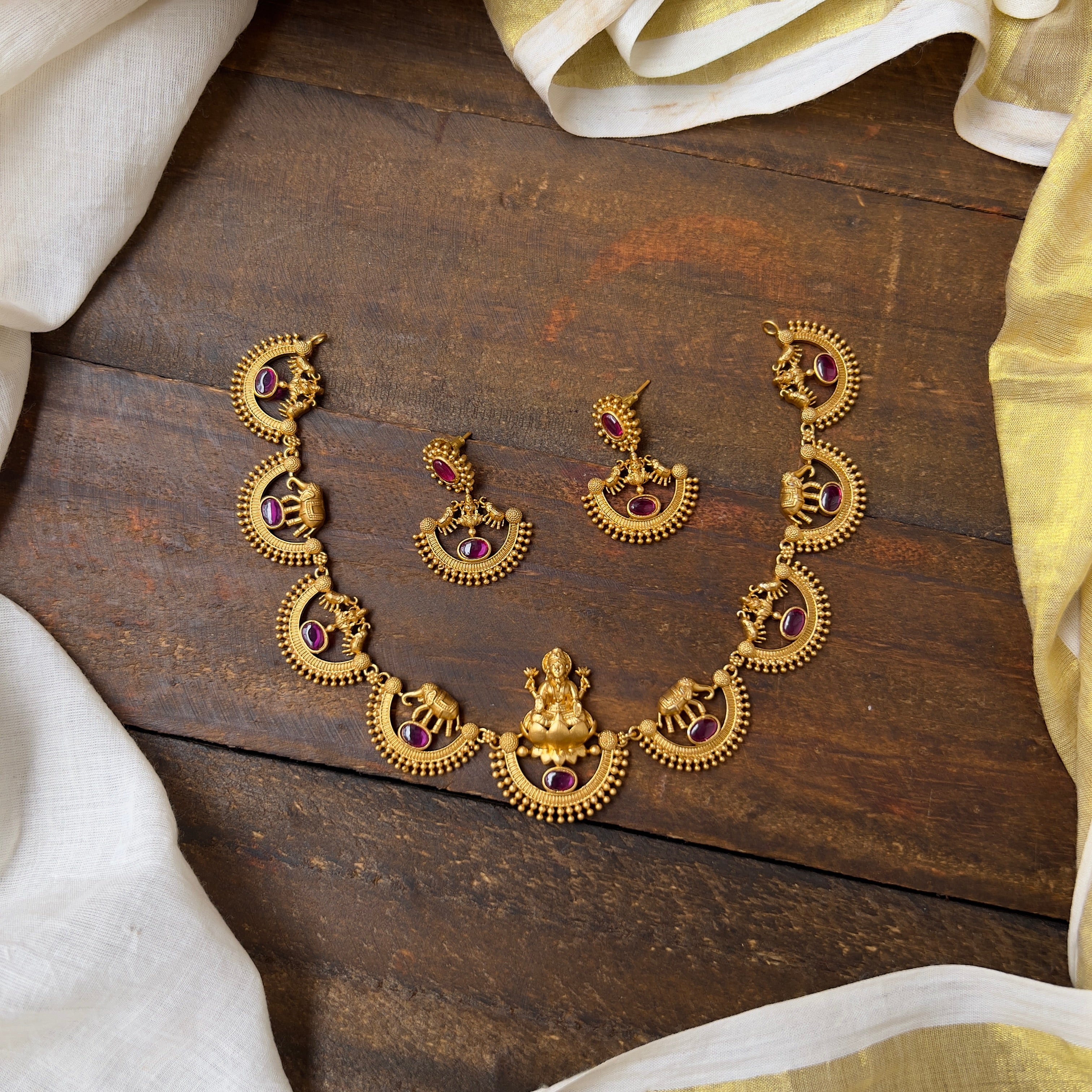 Gold Look Mahalakshmi Devi & Elephants Necklace - Kemp