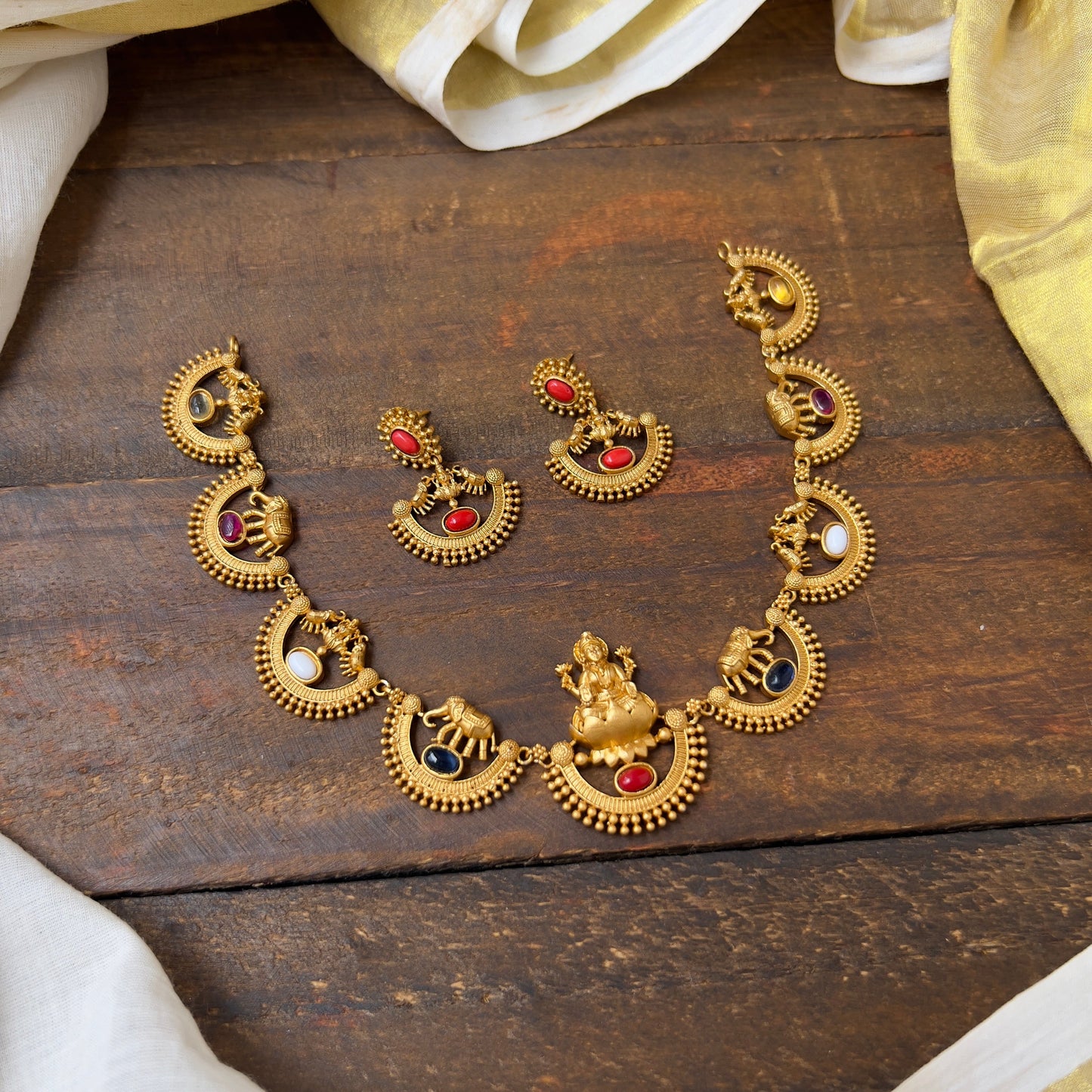 Gold Look Mahalakshmi Devi & Elephants Necklace - Multicolour