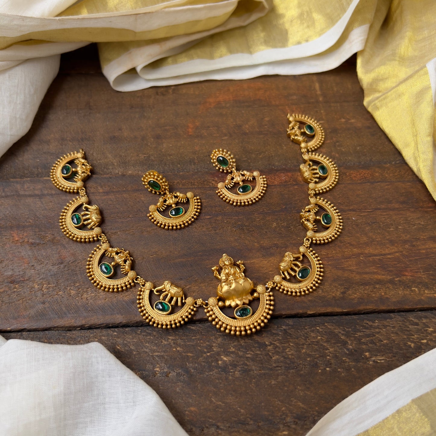 Gold Look Mahalakshmi Devi & Elephants Necklace - Green