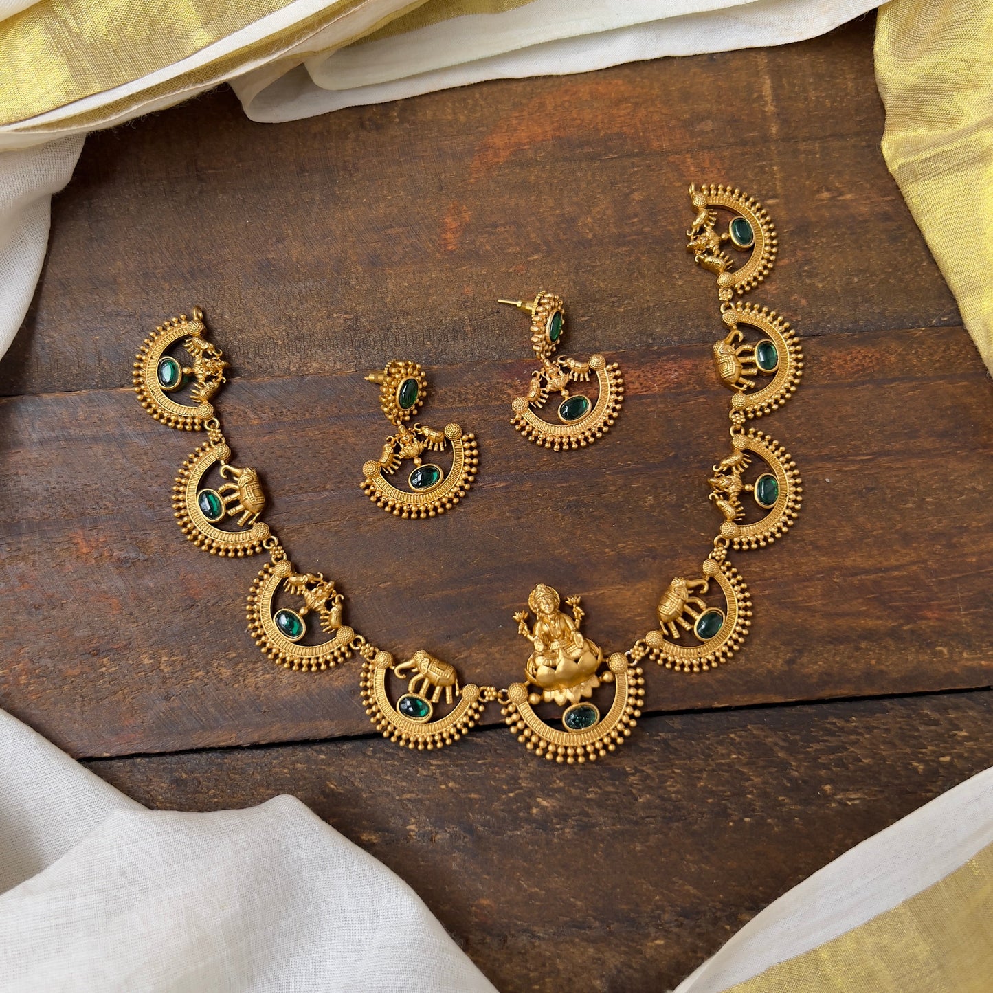 Gold Look Mahalakshmi Devi & Elephants Necklace - Green