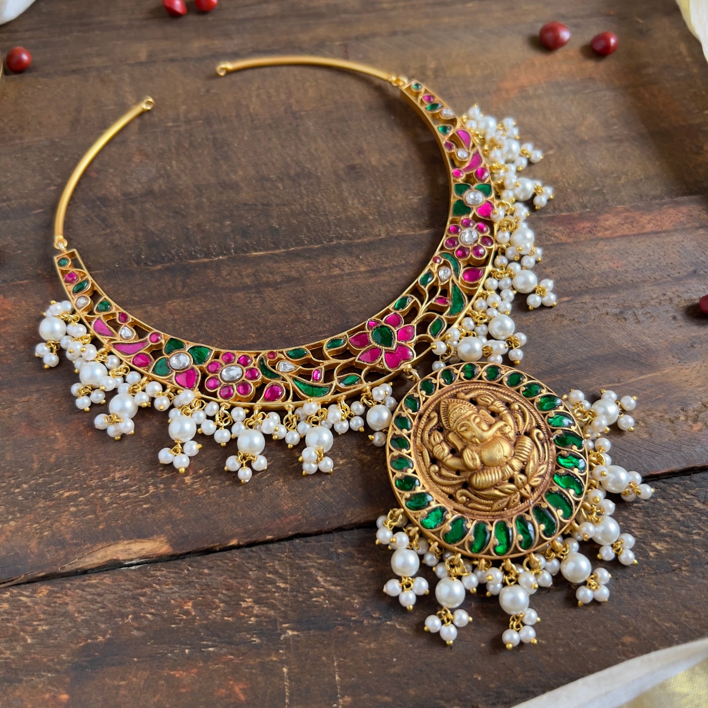 Gold Plated Navarathna Lotus Jadau Kundan Pendants Chain
