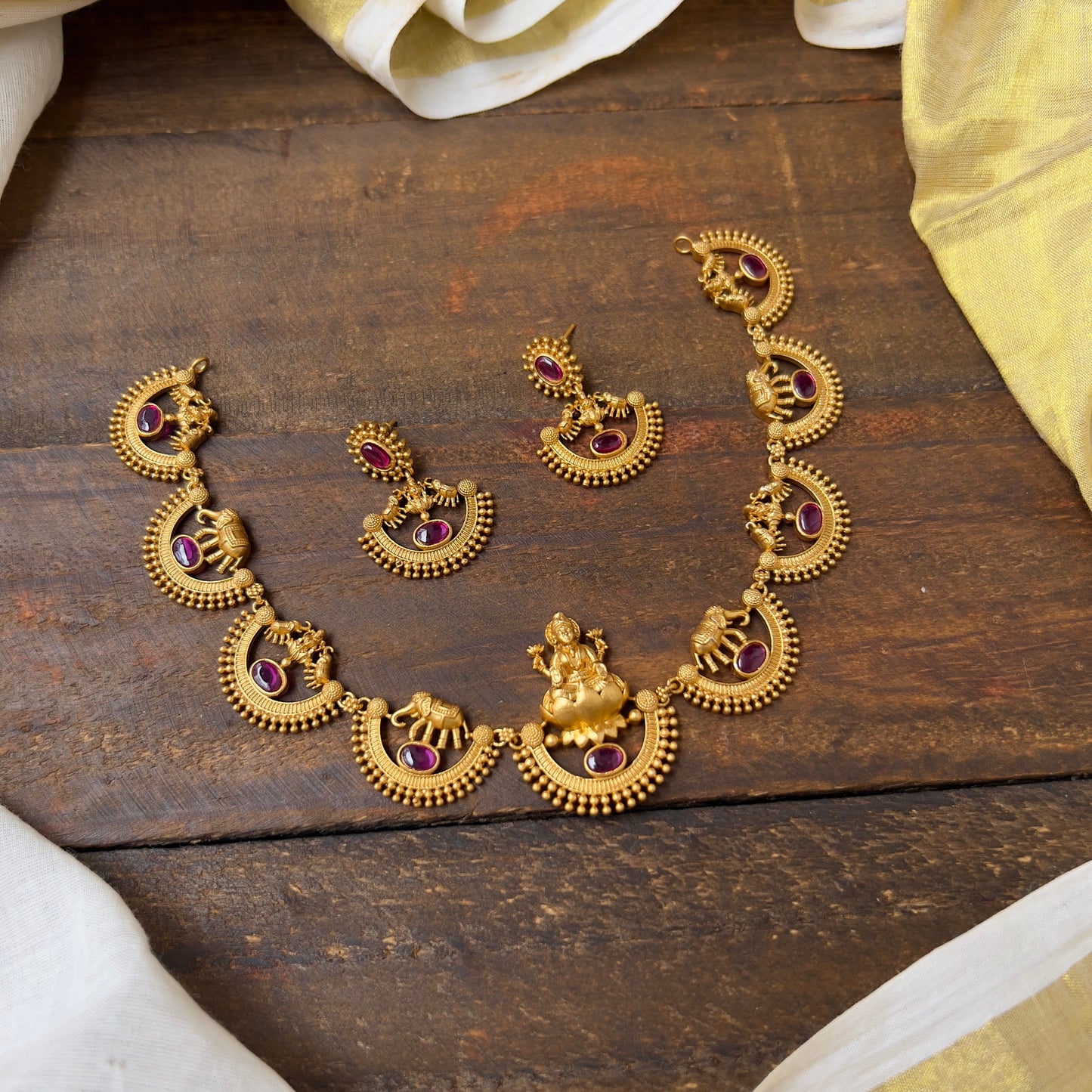 Gold Look Mahalakshmi Devi & Elephants Necklace - Kemp