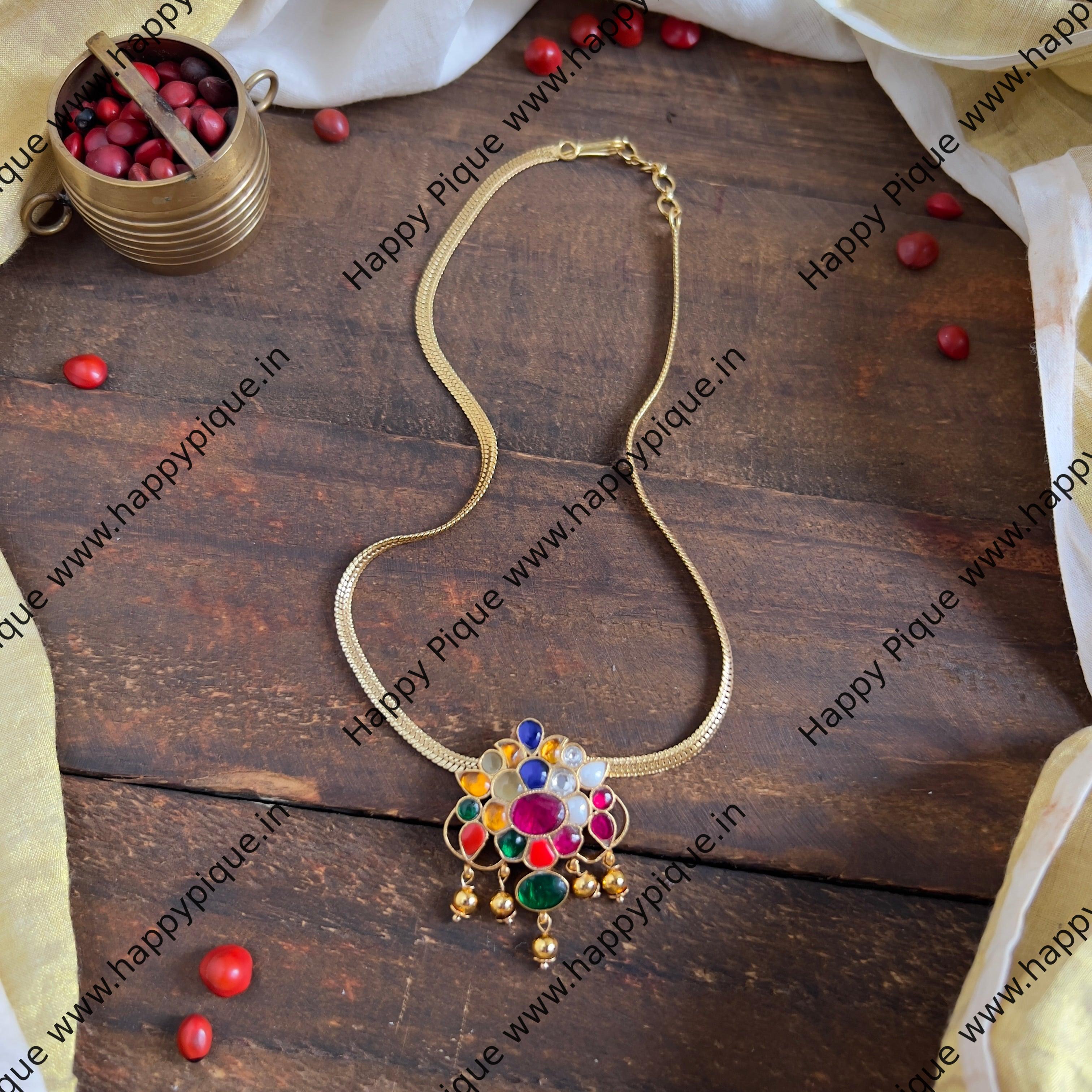 Traditional Navarathna Gold Plated Jadau Kundan Pendant Chain