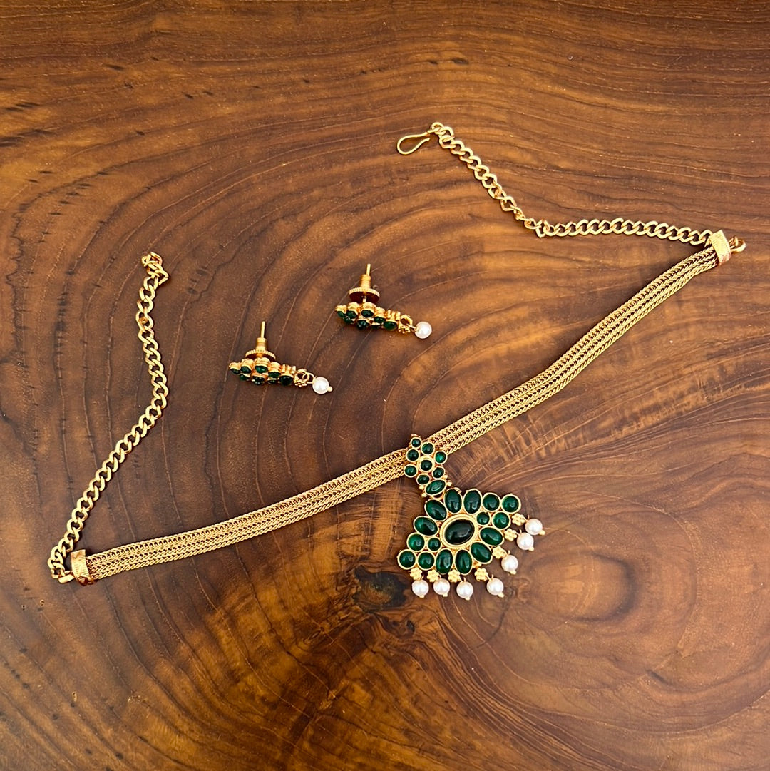 Kemp Traditional Attigai Choker Set - Green - Gorgeous and Affordable