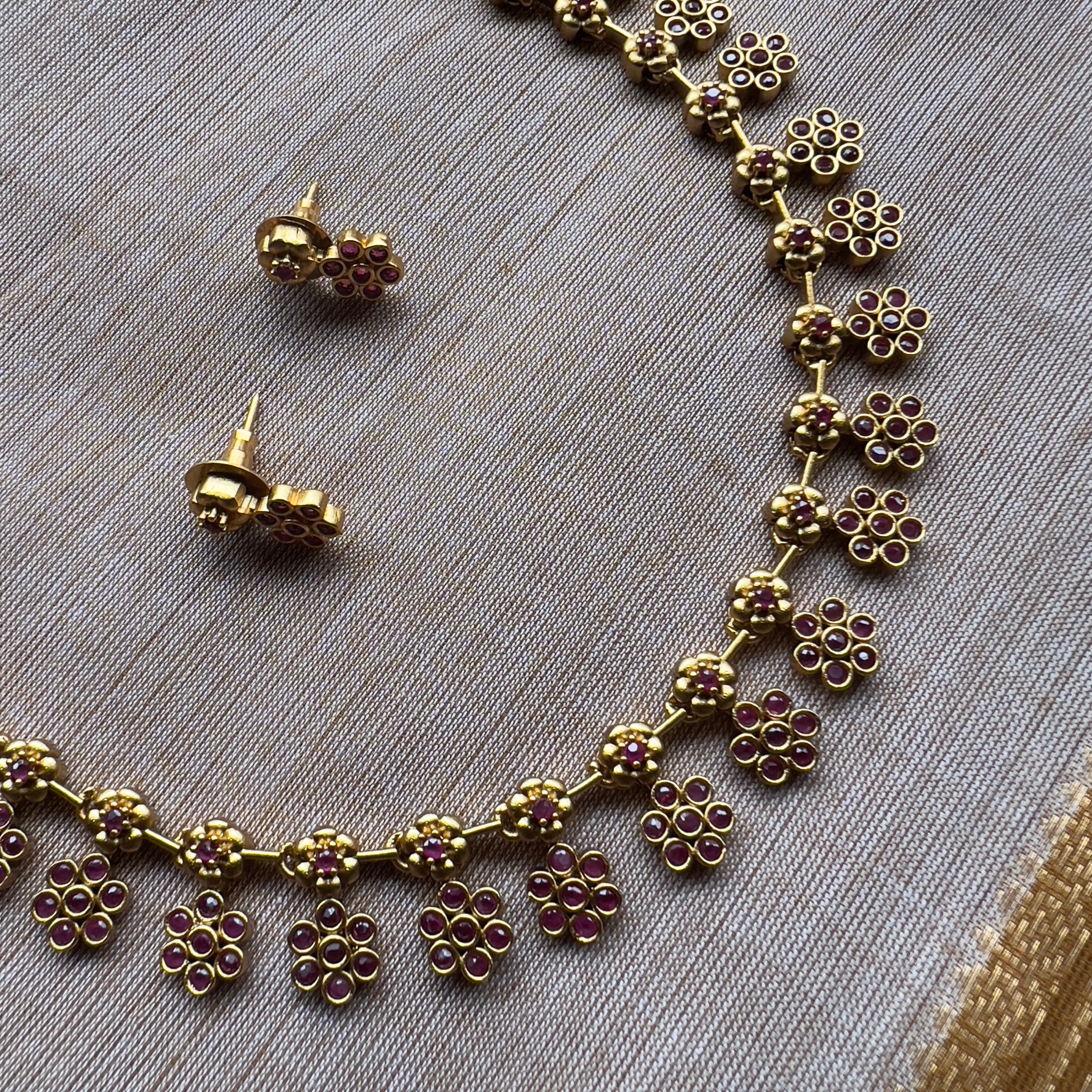 AD Antique Gold Flower Necklace Set - Red