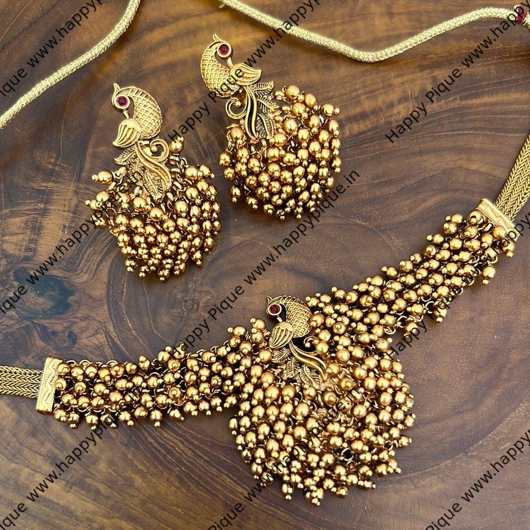 Premium Gold Bunch Beads Peacock Choker Necklace Set For Women - Latest Design South Indian Wedding Jewellery