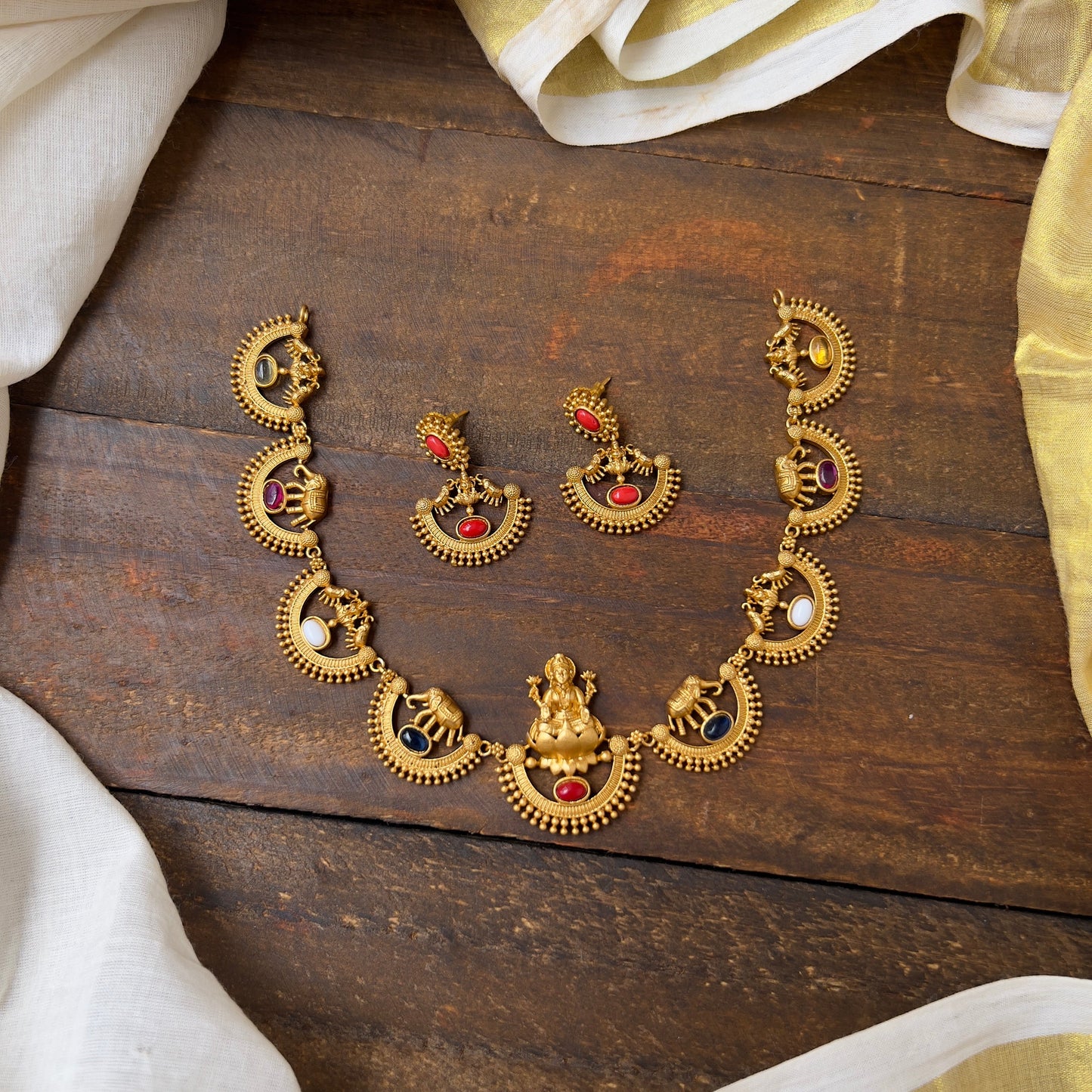 Gold Look Mahalakshmi Devi & Elephants Necklace - Multicolour