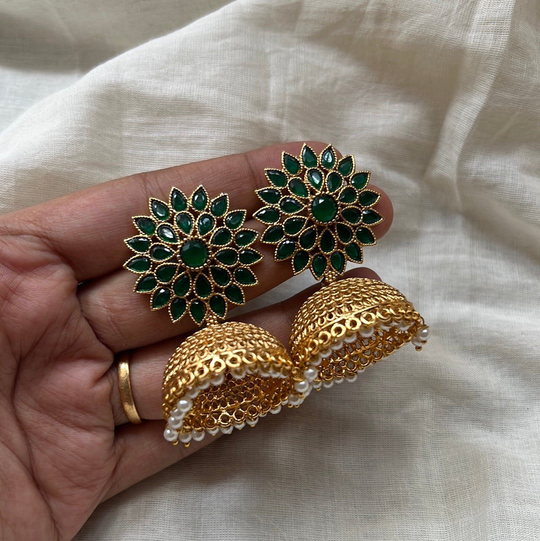 Light Weight Flower Stud AD Jhumkas - Green