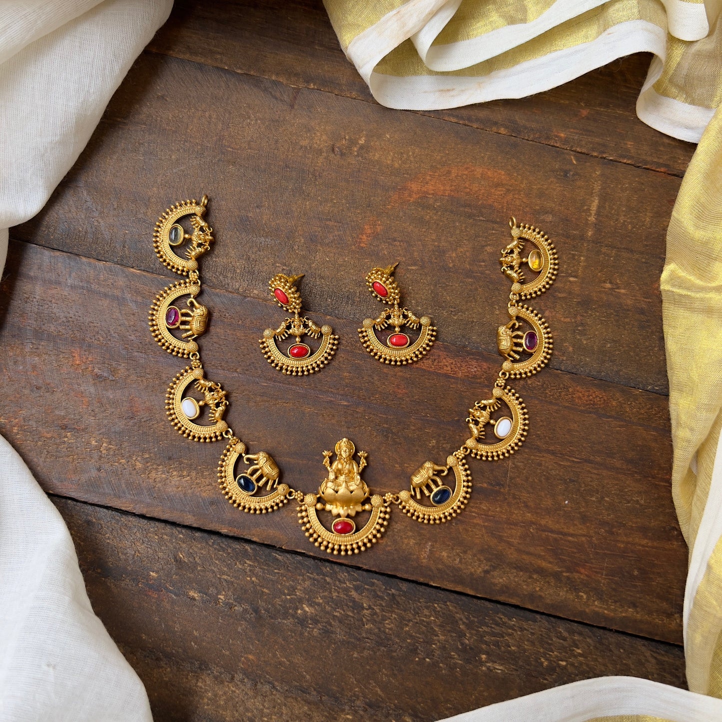 Gold Look Mahalakshmi Devi & Elephants Necklace - Multicolour