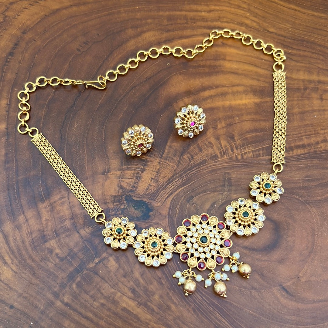 Hot Antique Gold Matte Flower Kemp Choker With Earrings For Women - Budget Friendly Jewellery