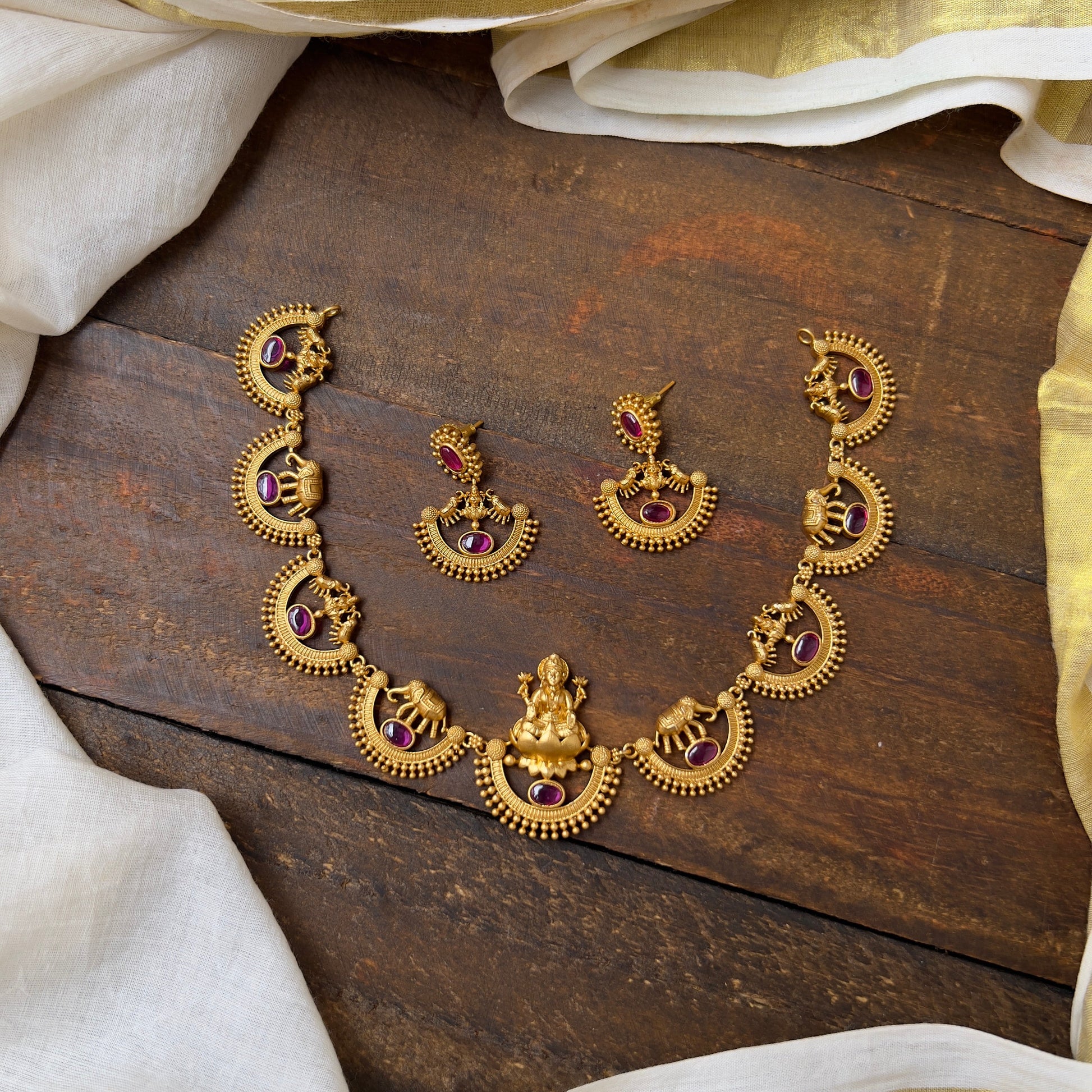 Gold Look Mahalakshmi Devi & Elephants Necklace - Kemp