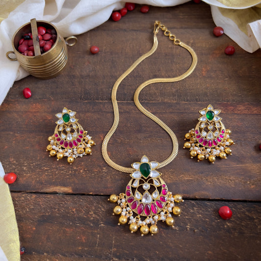 Gold Plated Navarathna Lotus Jadau Kundan Pendants Chain