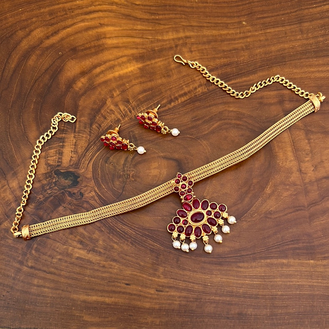 Kemp Traditional Attigai Choker Set - Red- Gorgeous and Affordable