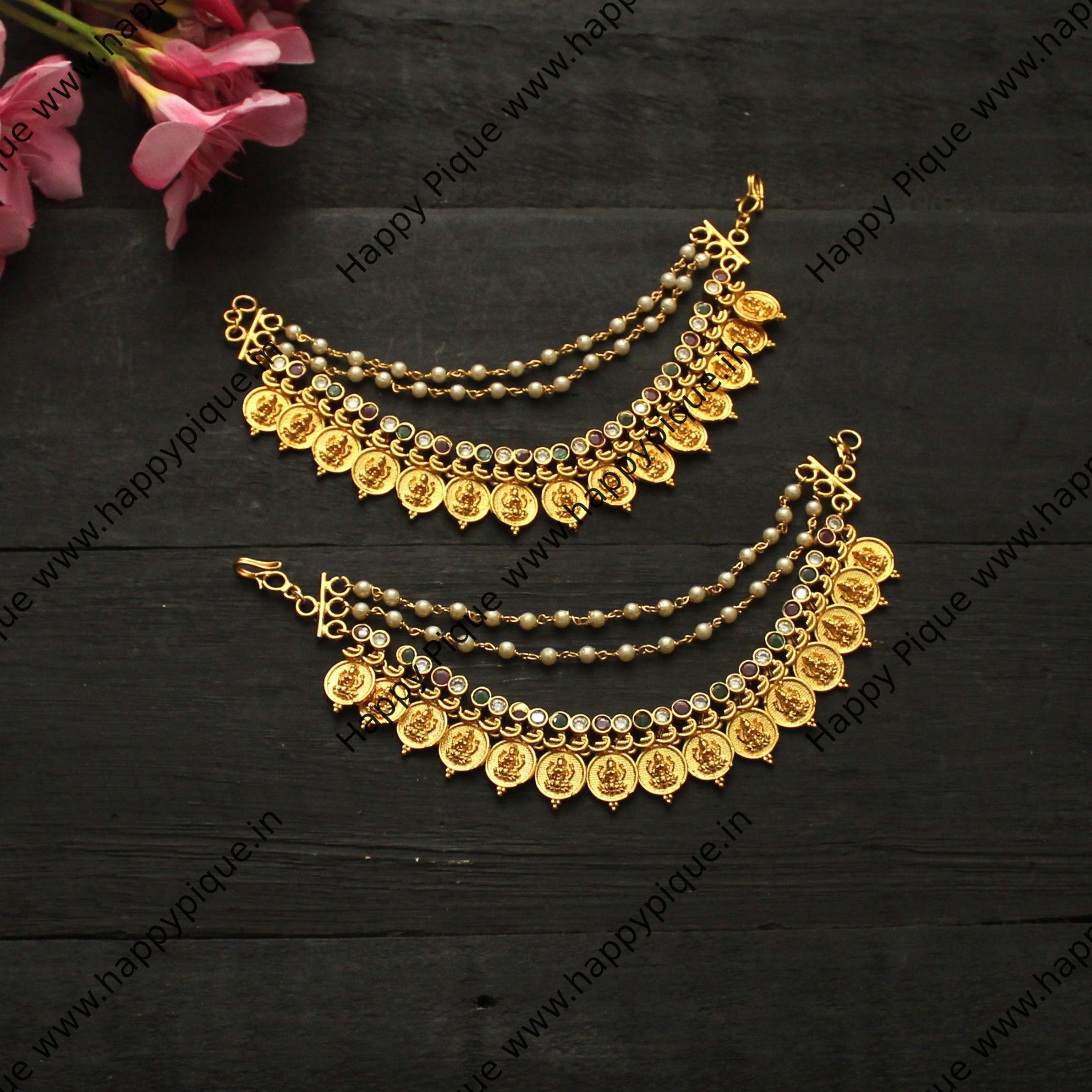 Micro Gold Plated Mahalakshmi Coin 3 Layer AD Ear Chain/Maatal/Kaan Chain