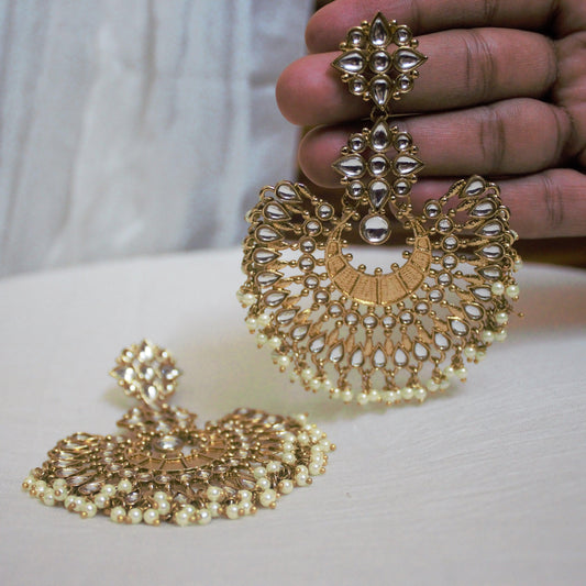 Long Statement Kundan Chaandbali Earrings - Happy Pique 