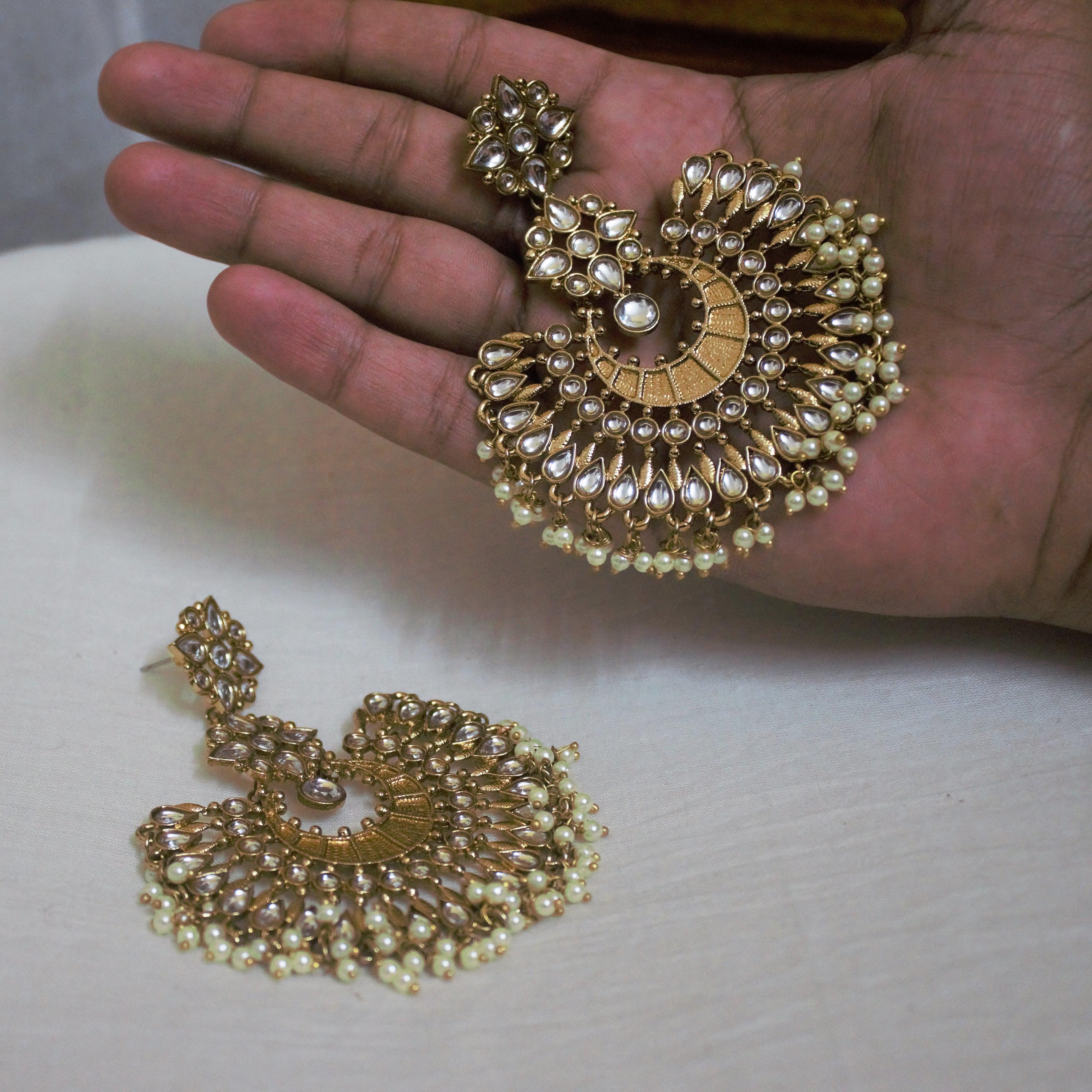 Long Statement Kundan Chaandbali Earrings - Happy Pique 