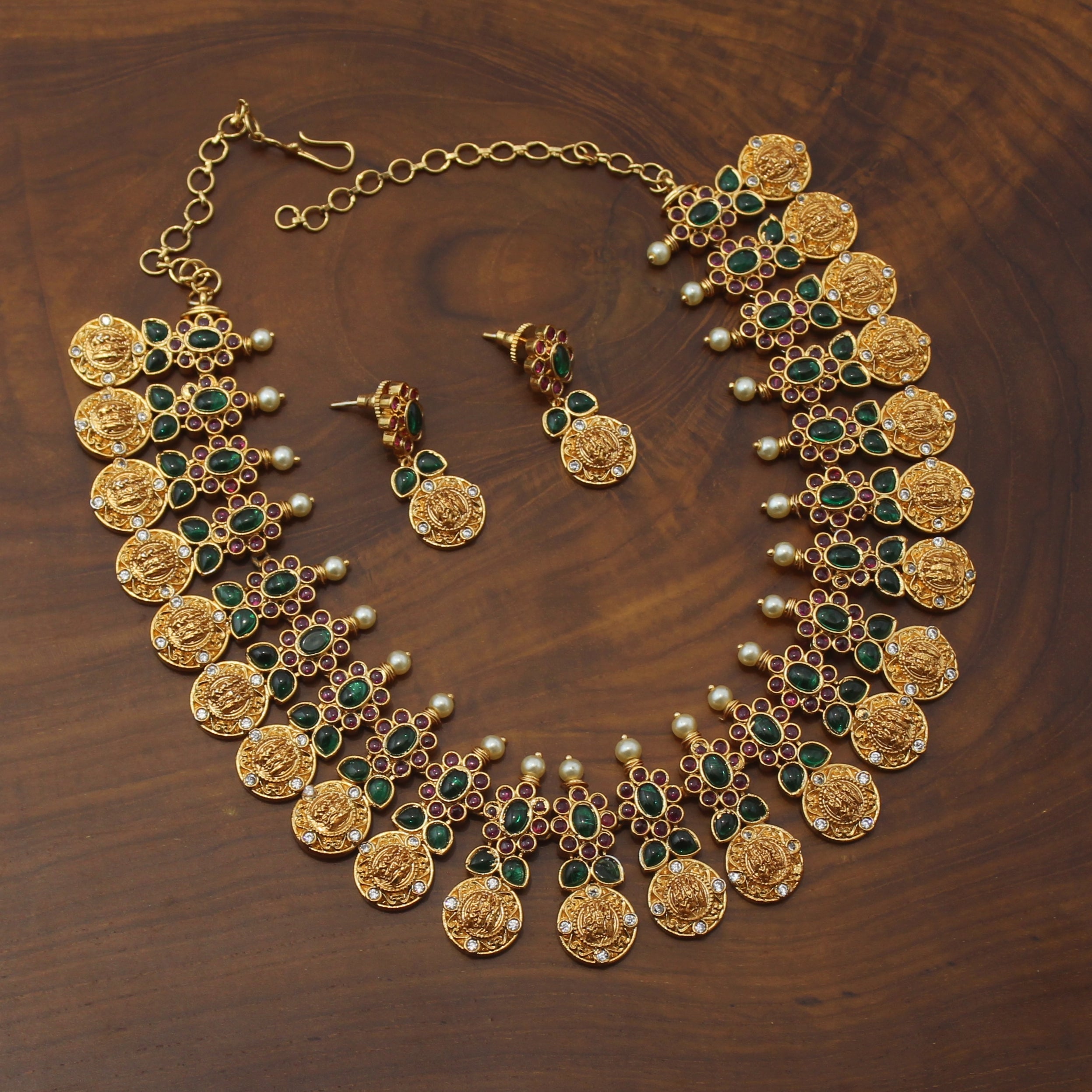 Micro Gold Plated Ram Parivar Coin Real Kemp Bridal Necklace Set