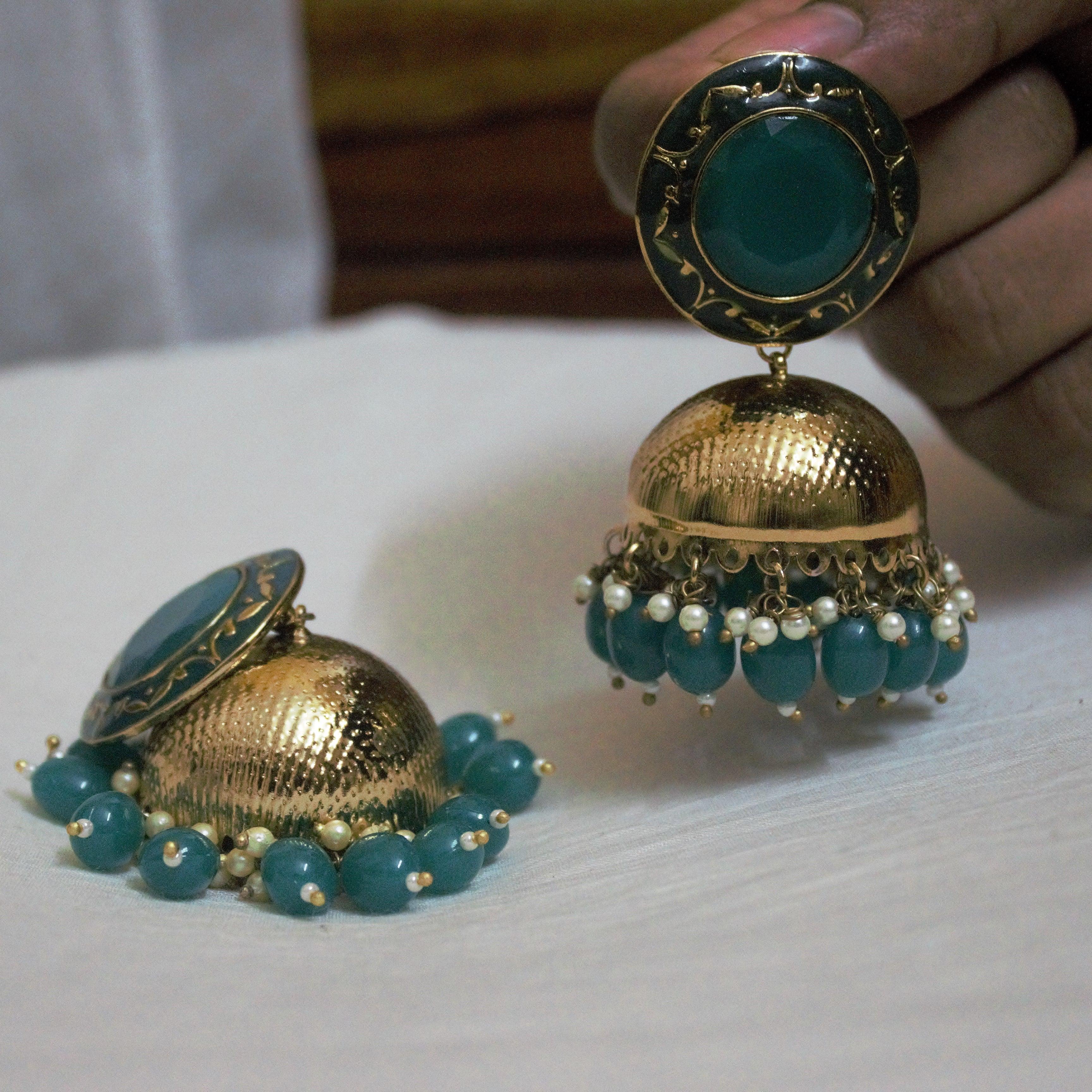 Big Mughal Round Stud Festive Jhumkas - Green - Happy Pique 