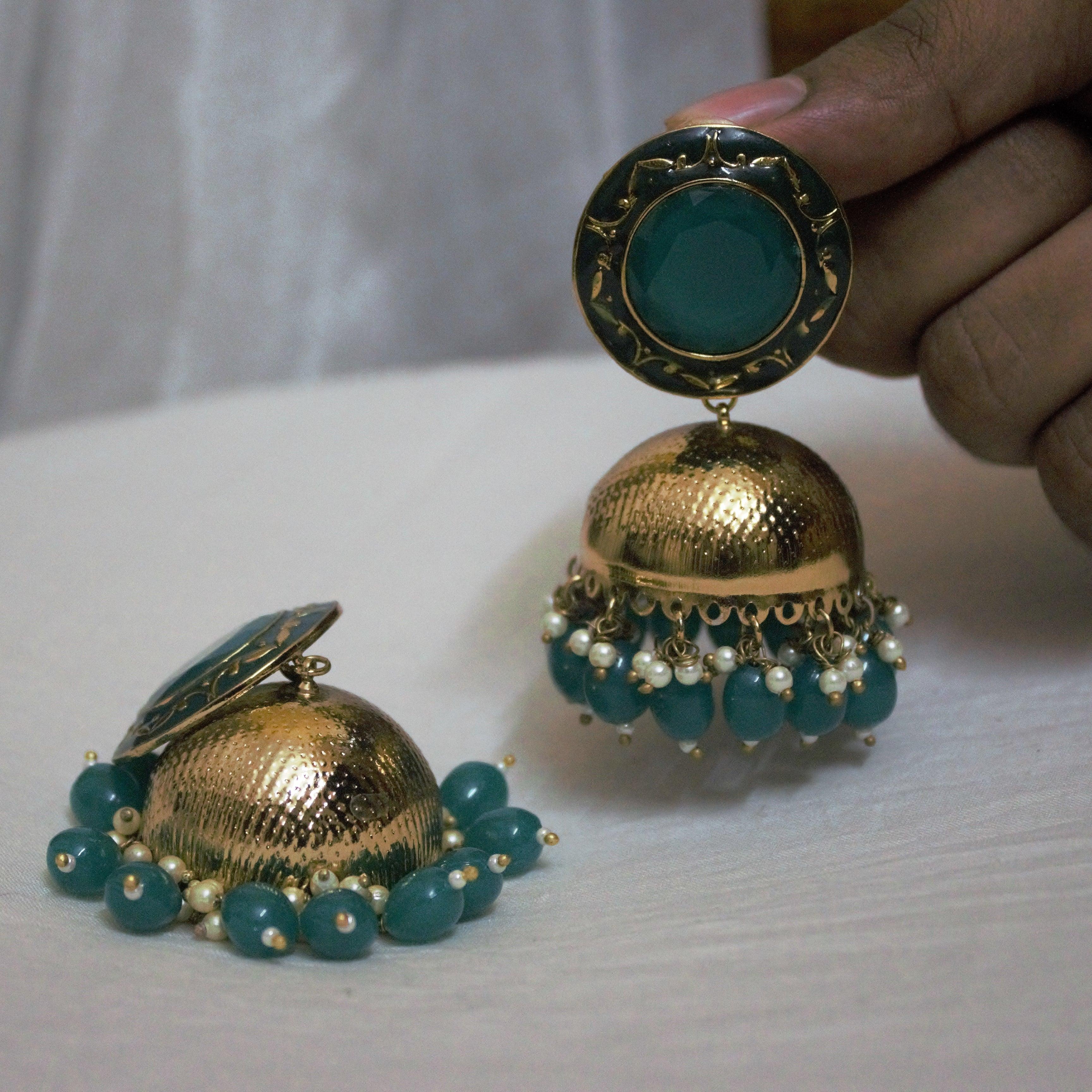 Big Mughal Round Stud Festive Jhumkas - Green - Happy Pique 