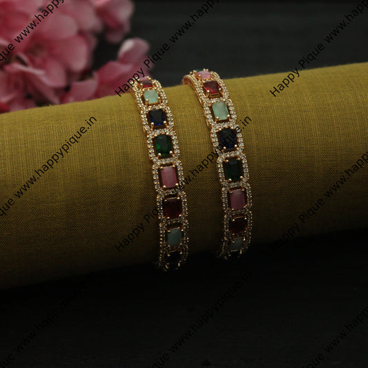 Rectangle Muticolour Rose Gold Plated Bridal Bangles - Size: 2.6