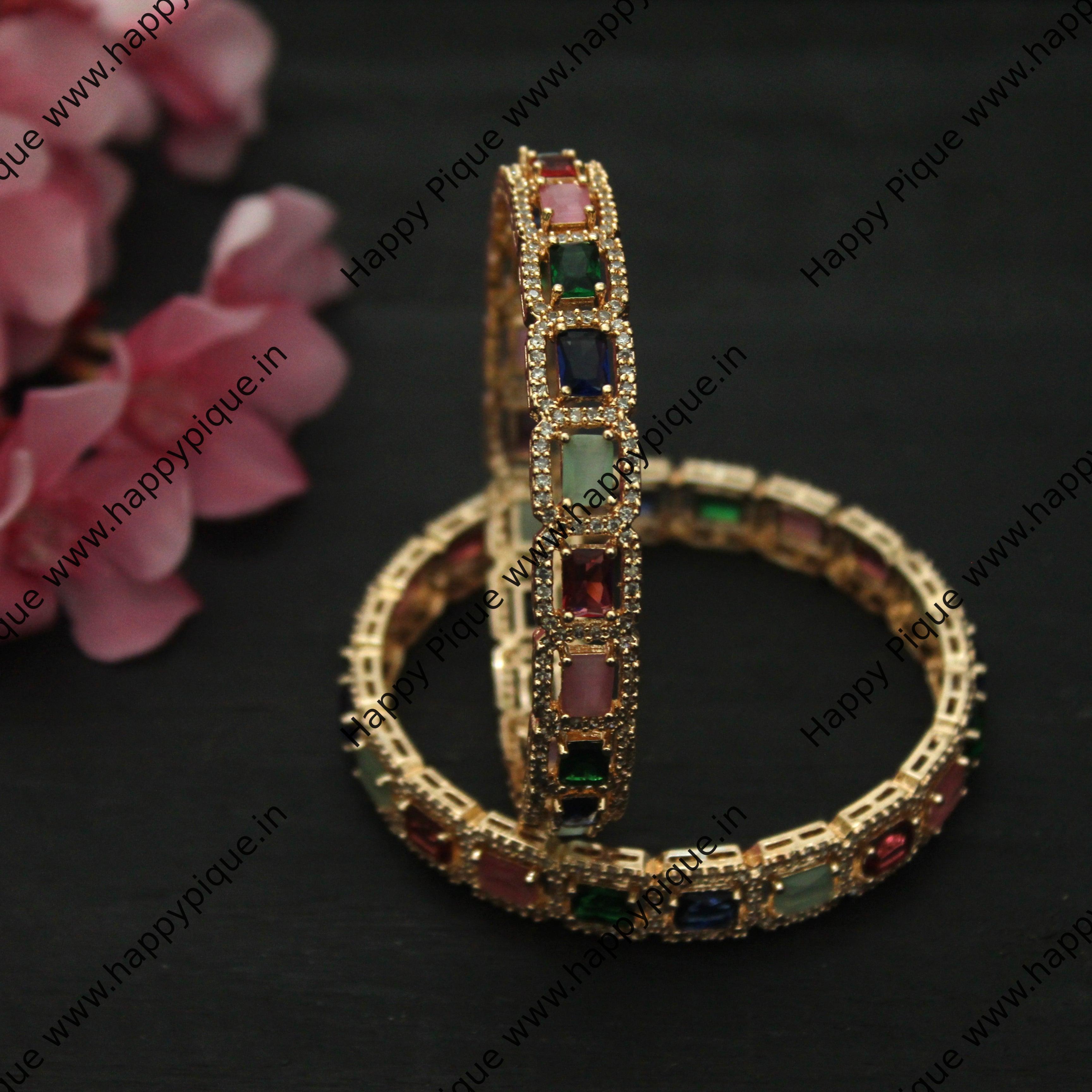 Rectangle Muticolour Rose Gold Plated Bridal Bangles - Size: 2.6