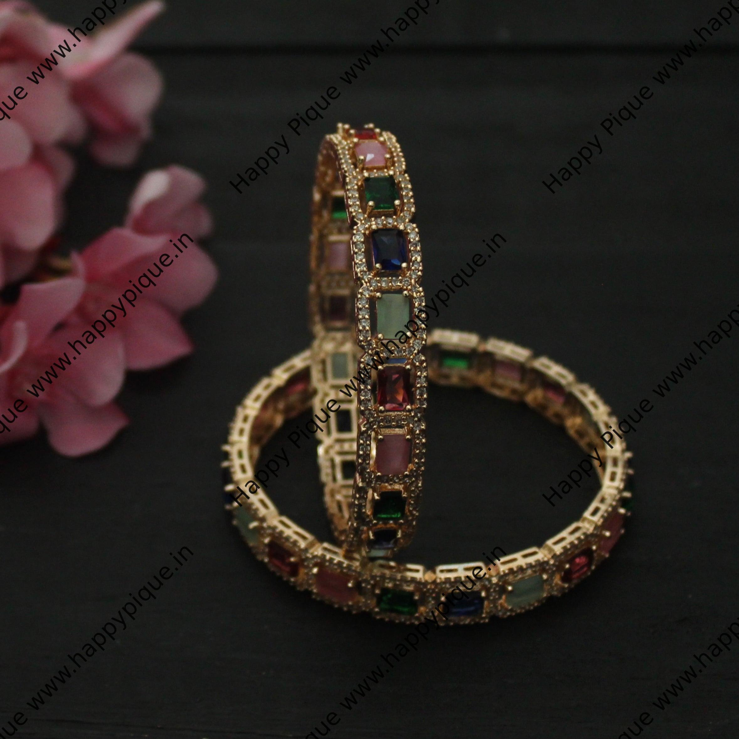 Rectangle Muticolour Rose Gold Plated Bridal Bangles - Size: 2.6