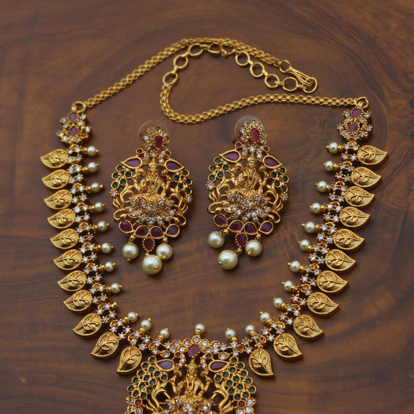 Gold Plated AD Leaf Lakshmi Necklace Set