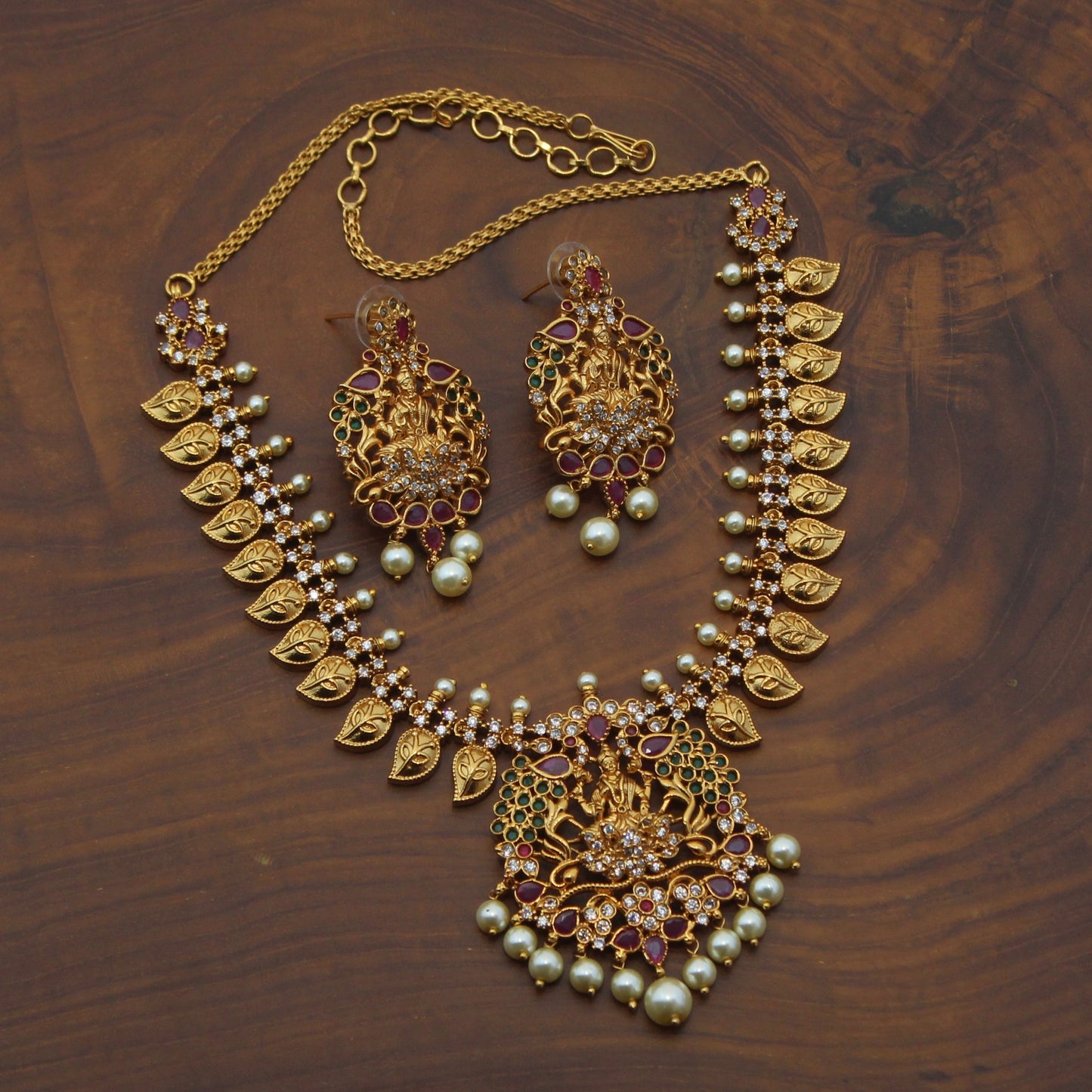 Gold Plated AD Leaf Lakshmi Necklace Set