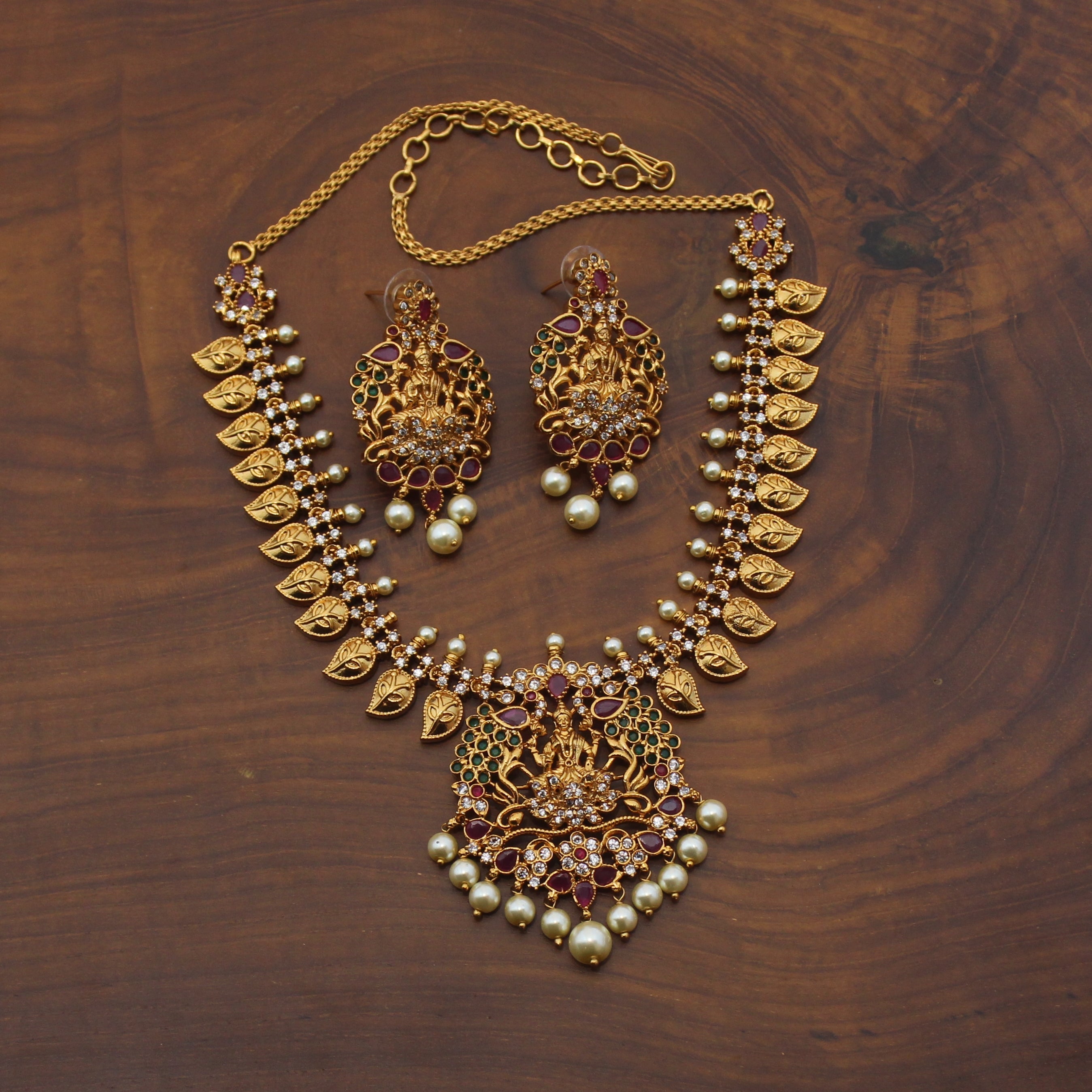 Gold Plated AD Leaf Lakshmi Necklace Set