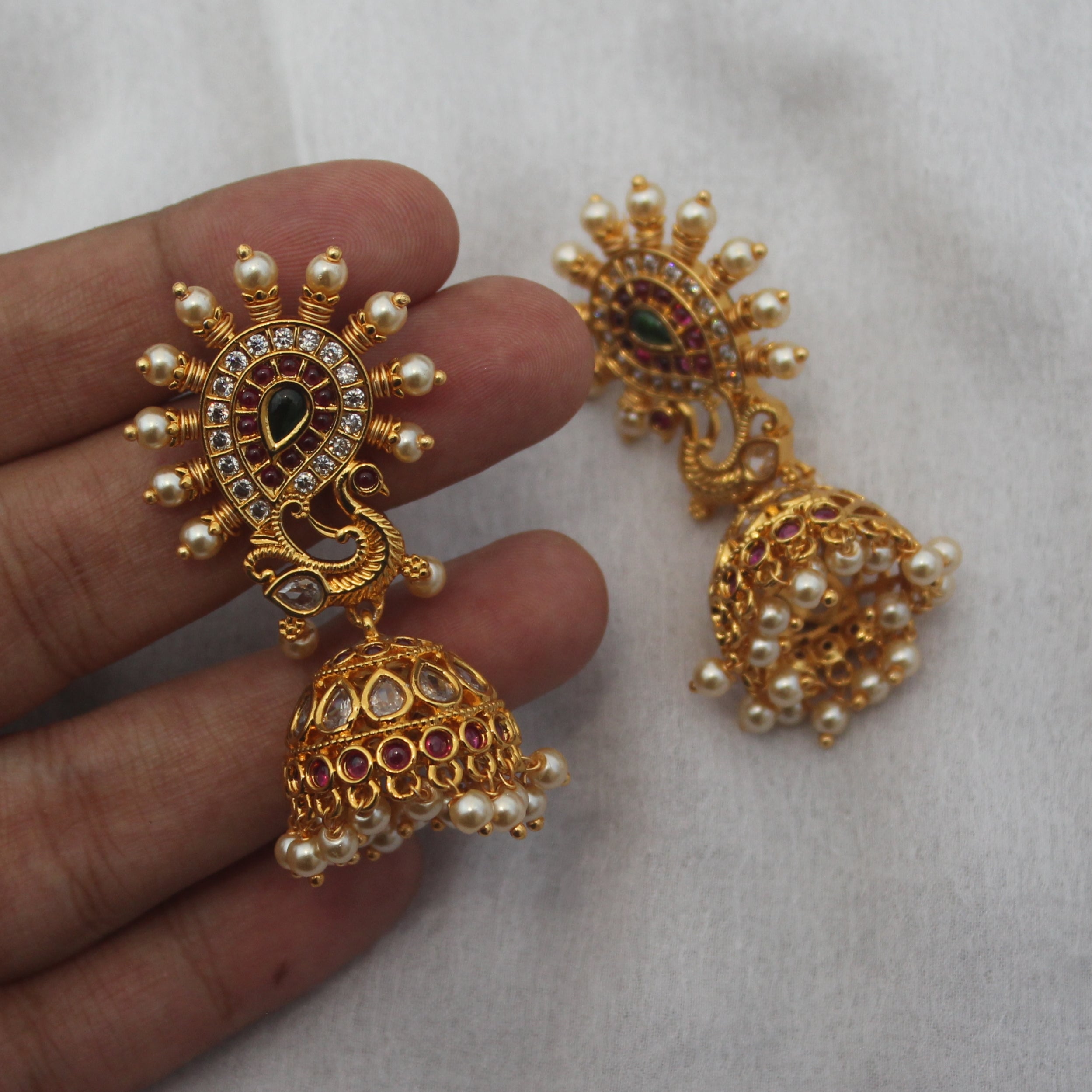 Gold Plated AD Kemp Peacock Jhumkas