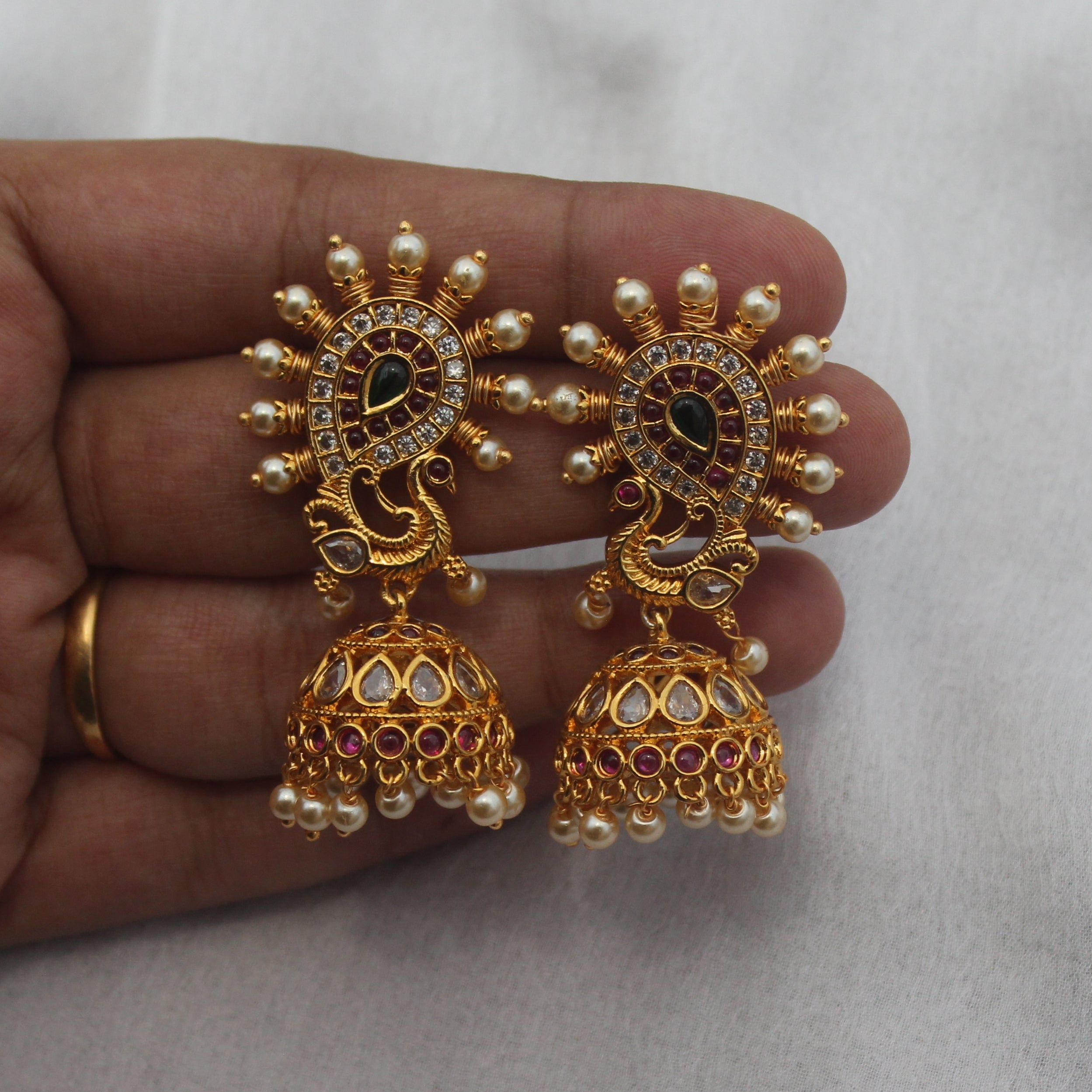 Gold Plated AD Kemp Peacock Jhumkas