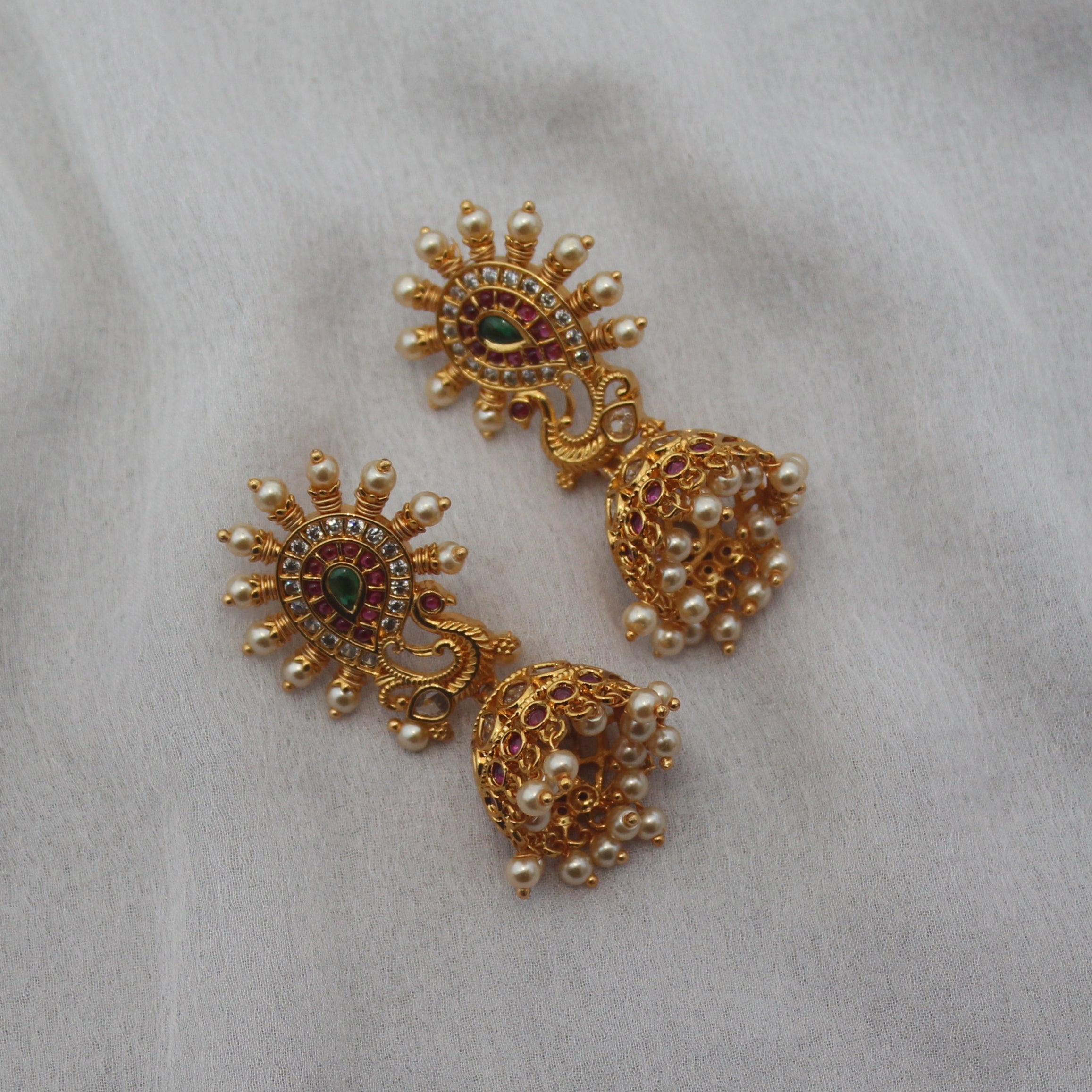 Gold Plated AD Kemp Peacock Jhumkas