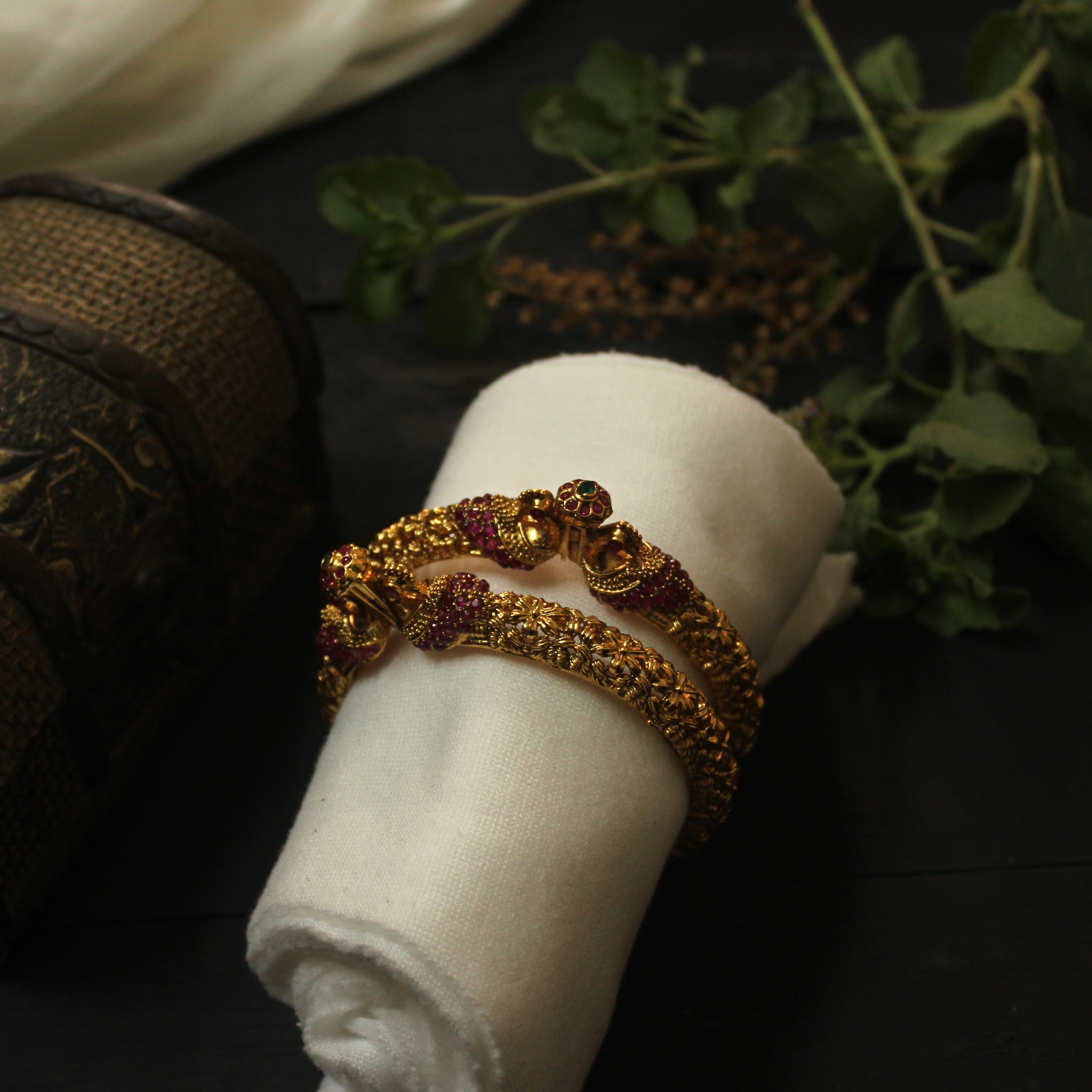 Gold Look Antique AD Kemp Peacock Kada Bangles