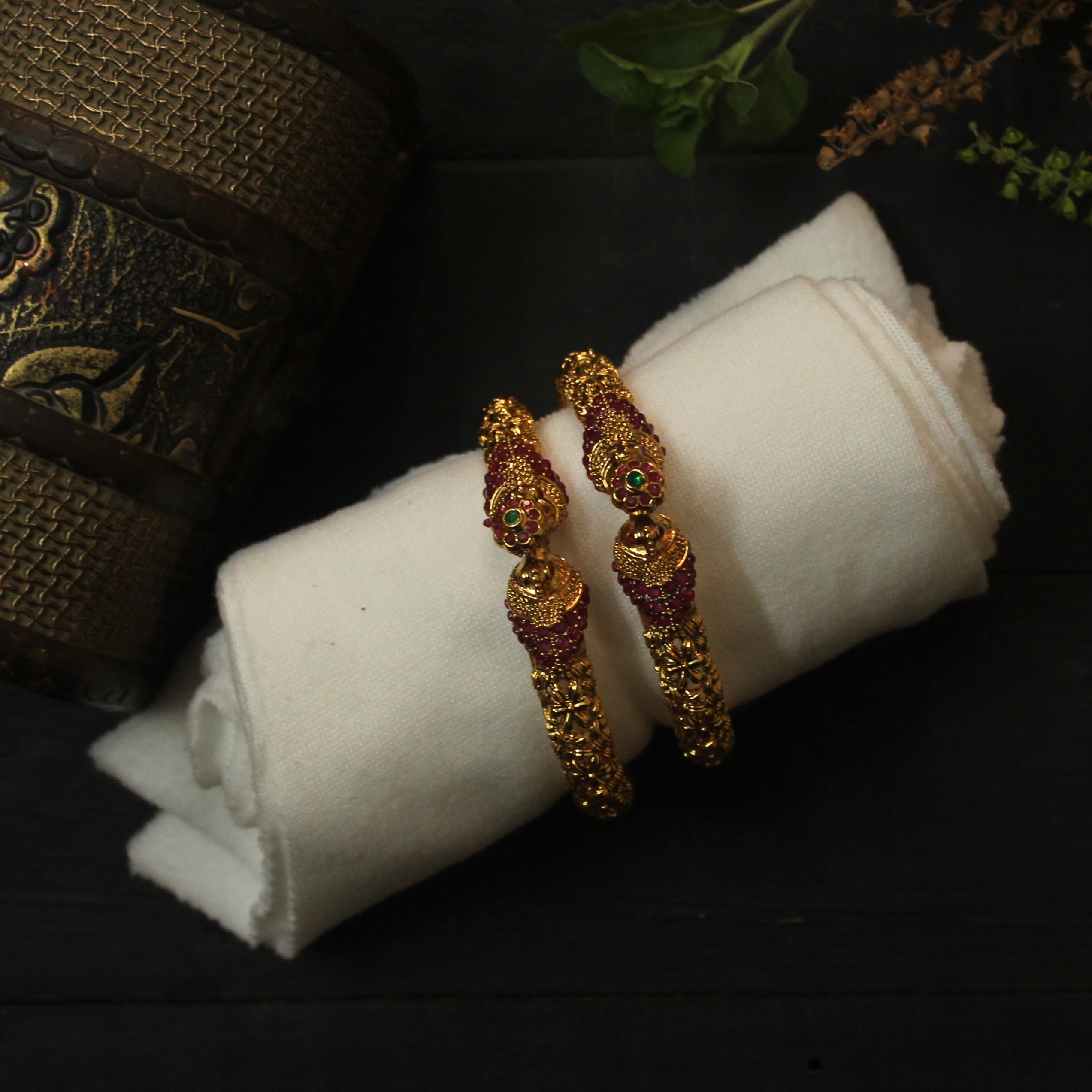 Gold Look Antique AD Kemp Peacock Kada Bangles