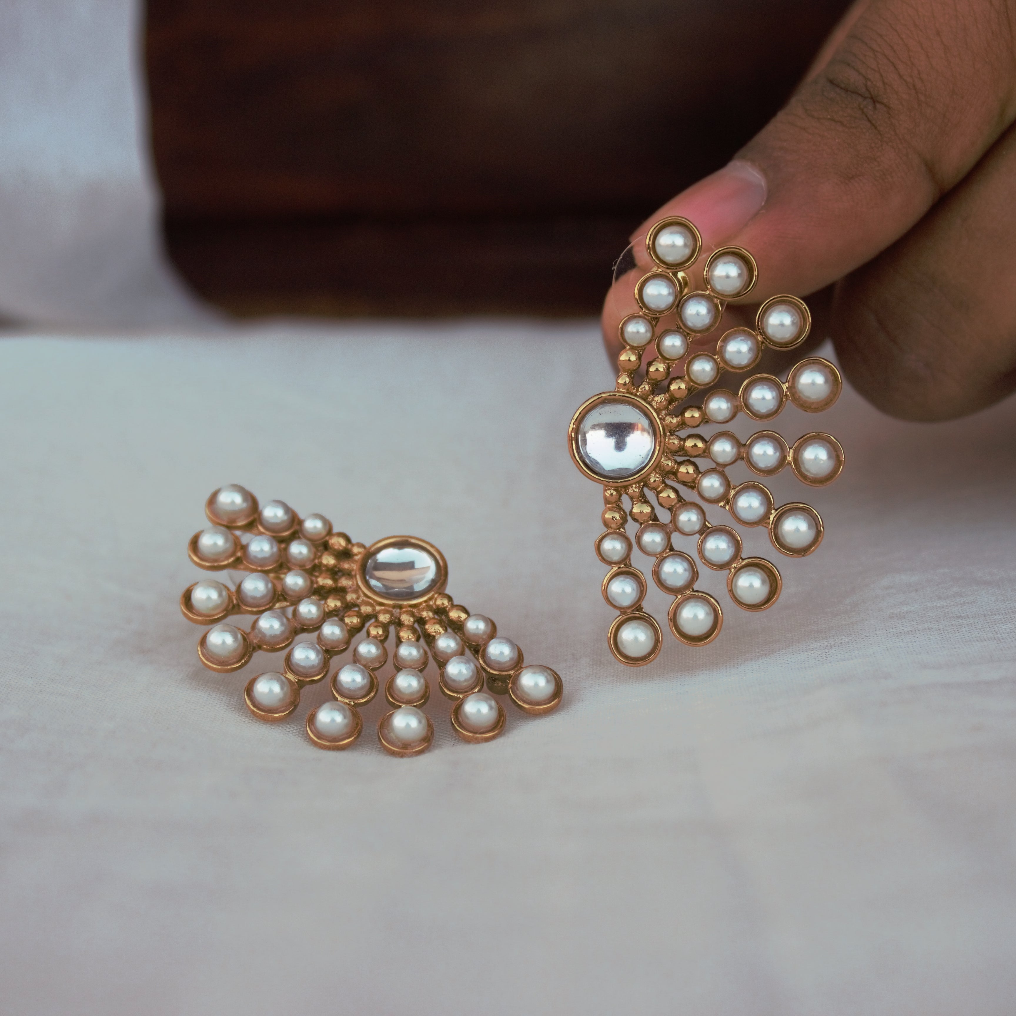 Pearl Fan Polki Studs