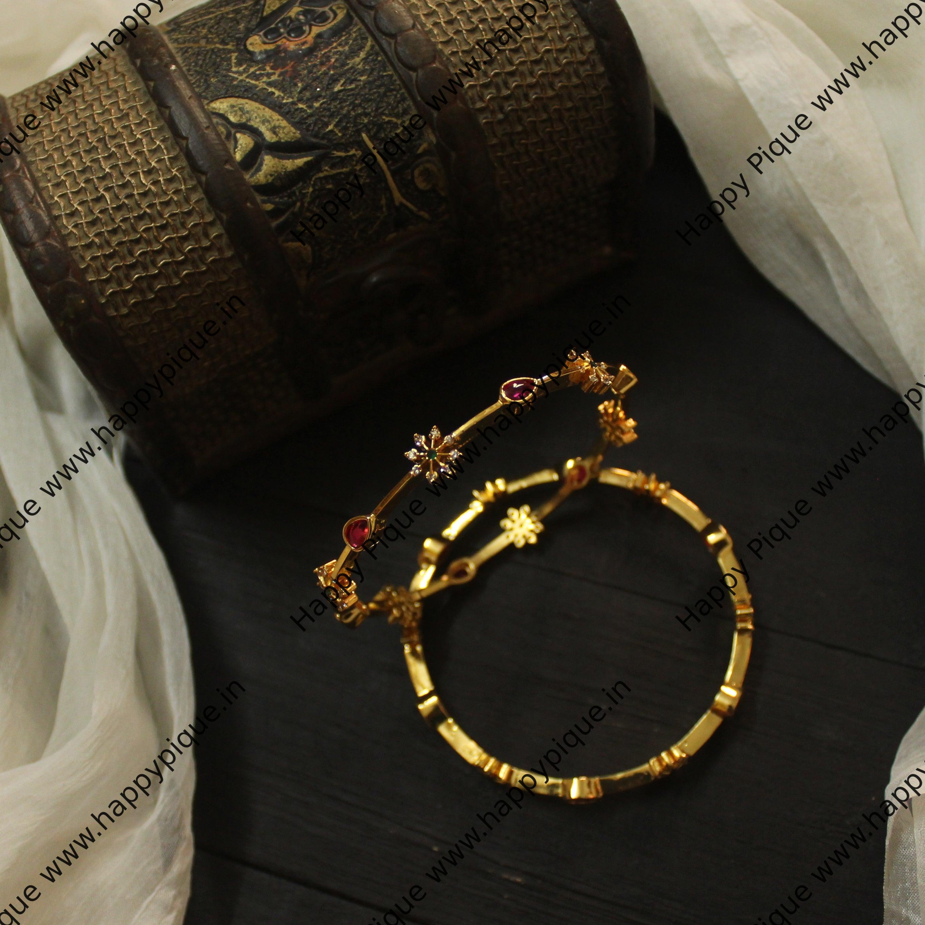 Simple Gold Look Tilak & Flower AD Real Kemp Bangles