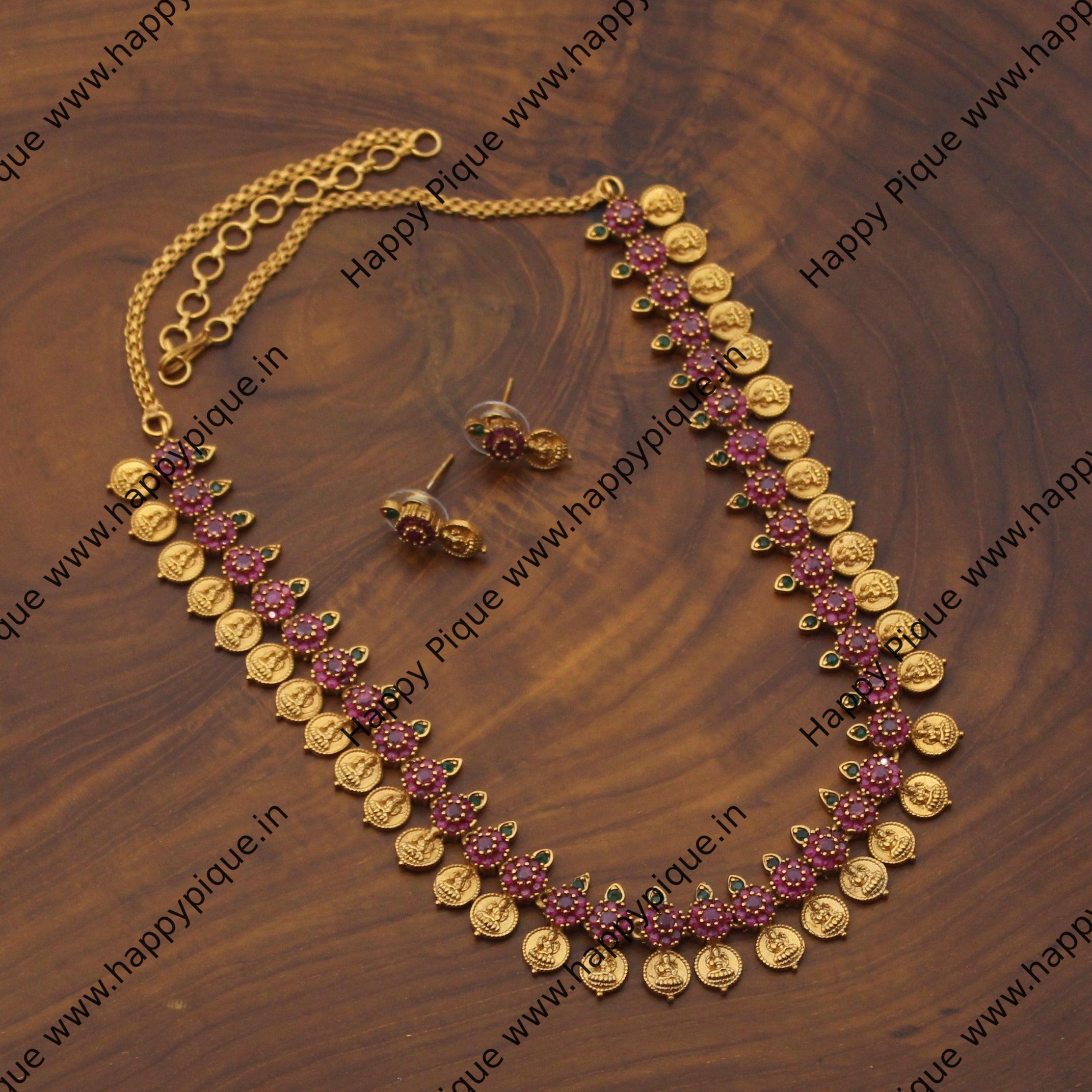 Matte Gold Plated AD Kids Friendly Small Lakshmi Coin Necklace Set - Red & Green