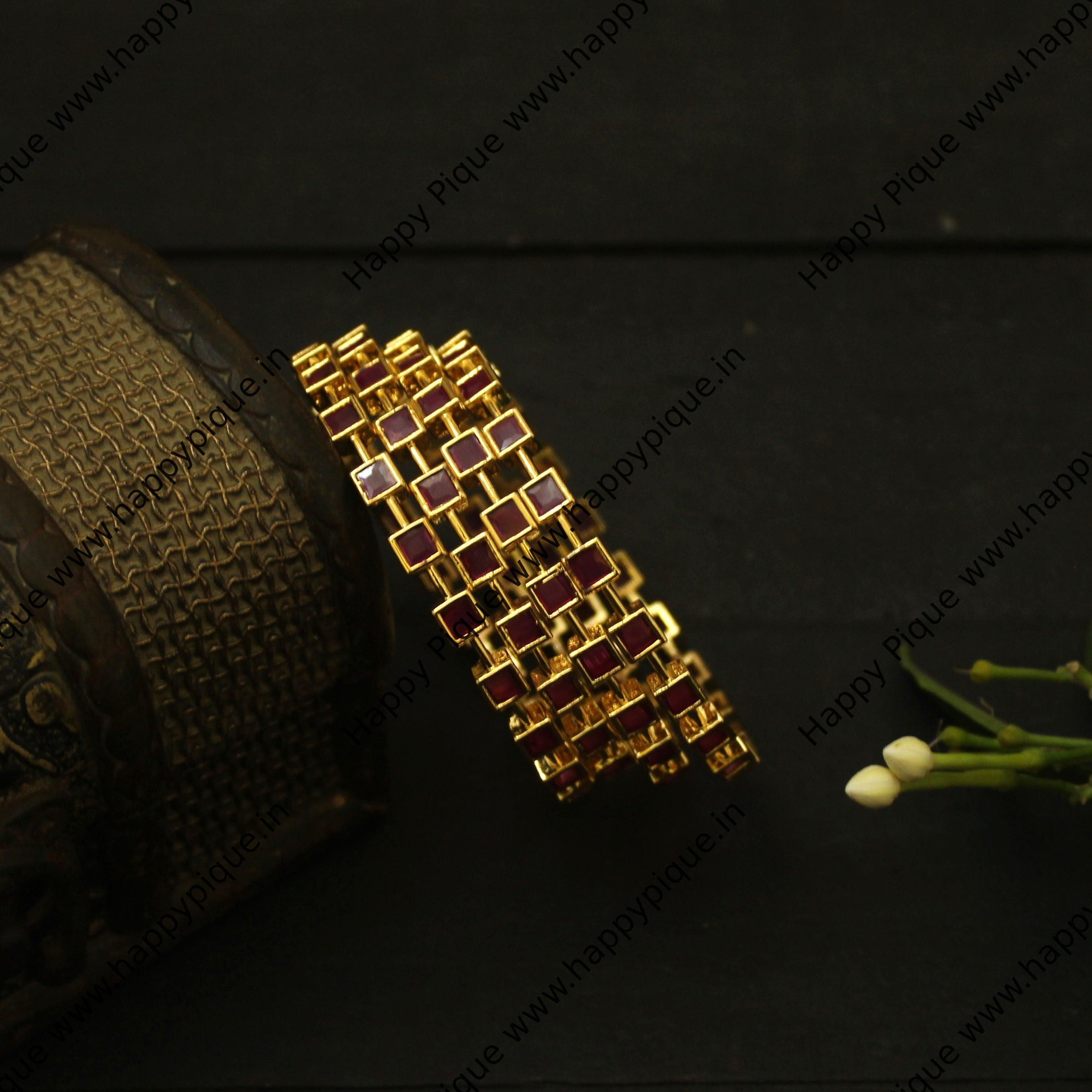 Set of 4 Square Stone Gold Look Bangles